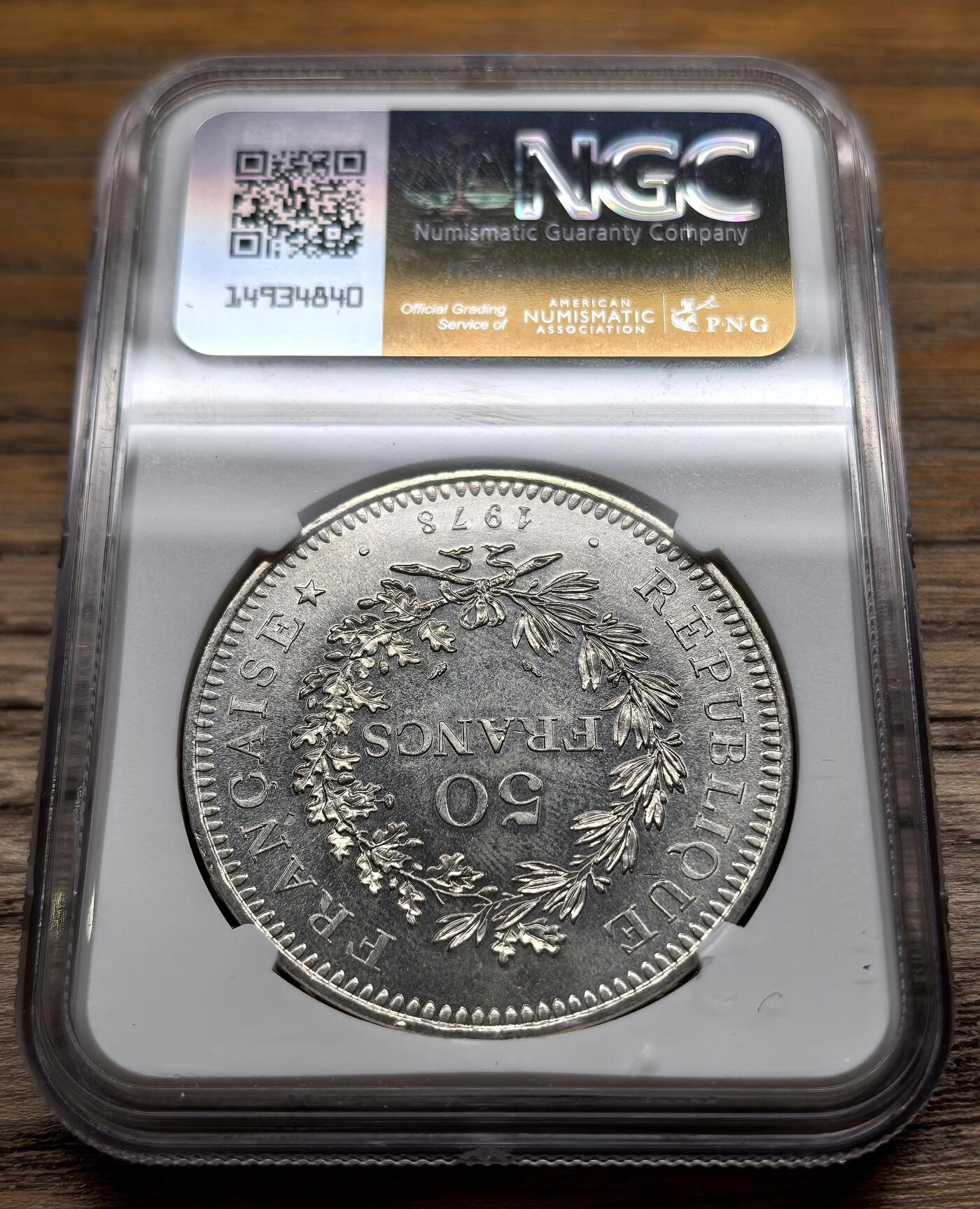 凡希社世界钱币微拍第二百九十期 1978法国大力神50法郎大银NGC-MS66