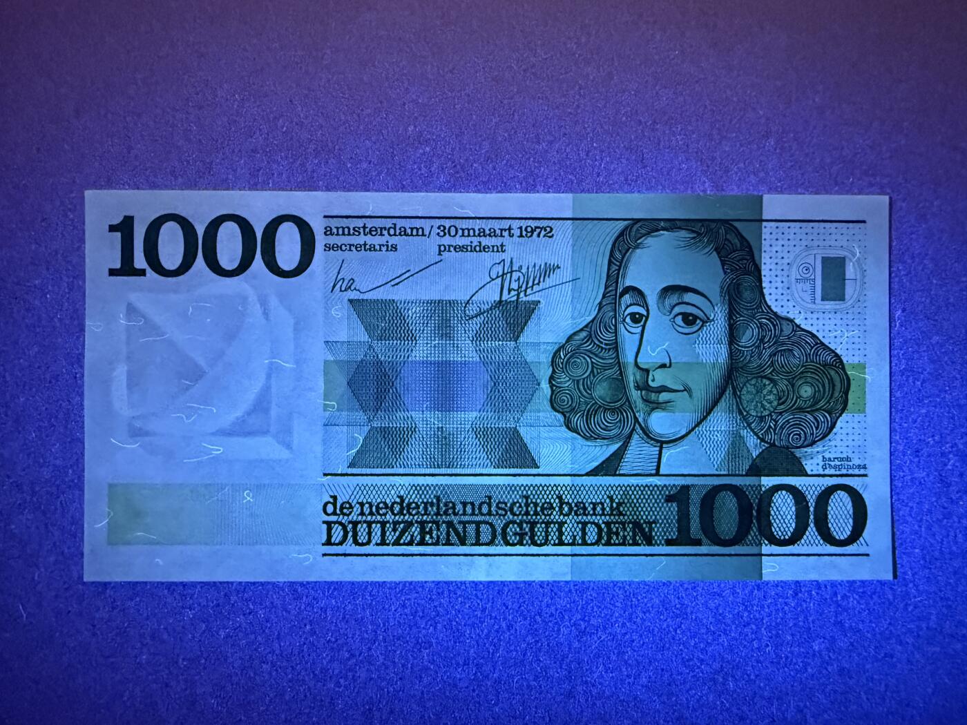 《张总收藏》175期-周日外币精品 荷兰1000盾 AU 人像版斯宾诺莎 中间暗折 无4 汇率4000人民币