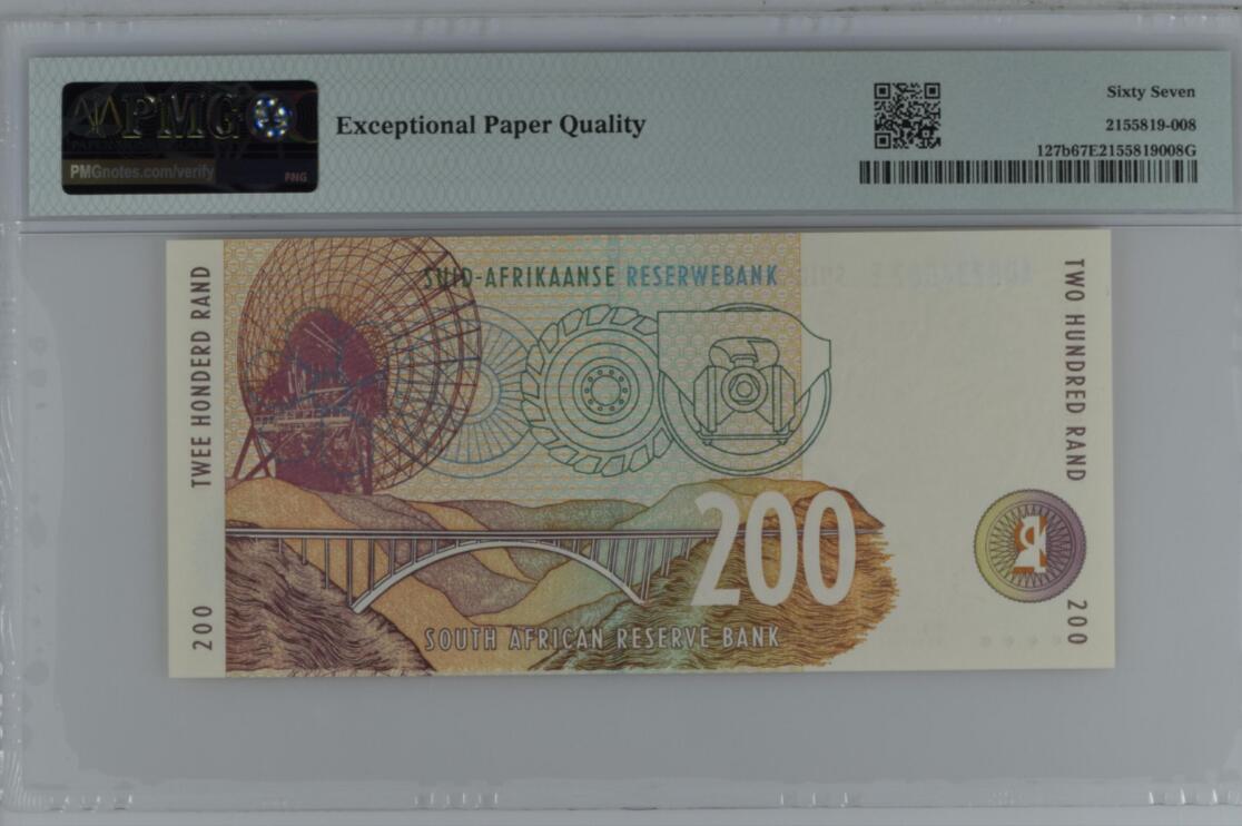 《张总收藏》175期-周日外币精品 南非1999年200兰特最高值PMG67E亚军分 冠军68分仅8张 非洲猎豹