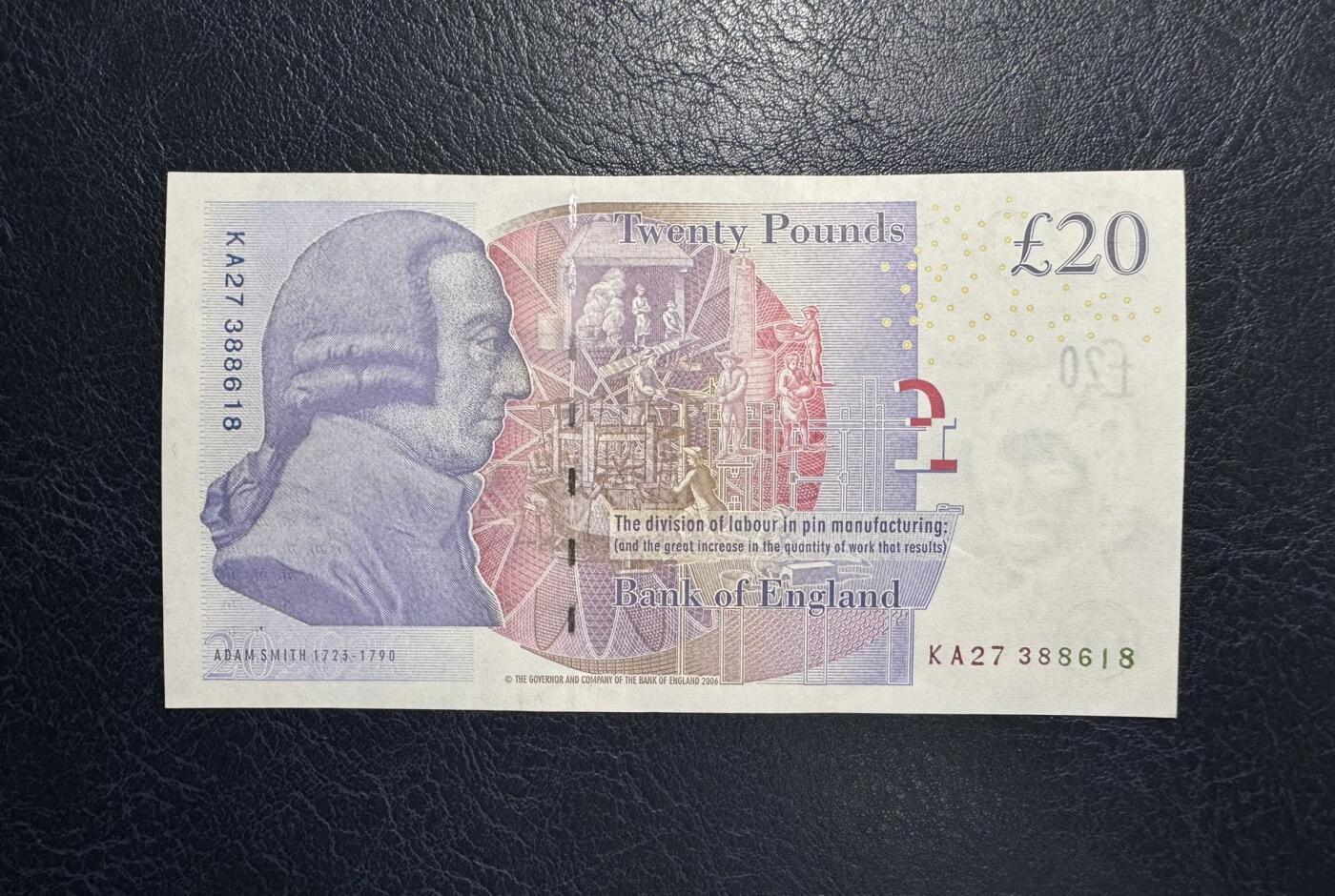 收藏联盟Quantum Auction 第392期拍卖  英国2006年版20英镑 品相UNC 水印处点钞痕 号码无4 经济学家 亚当史密斯