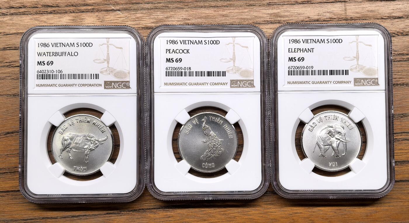 凡希社世界钱币微拍第二百九十期 1987越南动物100D银币三枚套NGC-MS69，全套完美收藏级，这套69难度不小！(多图)