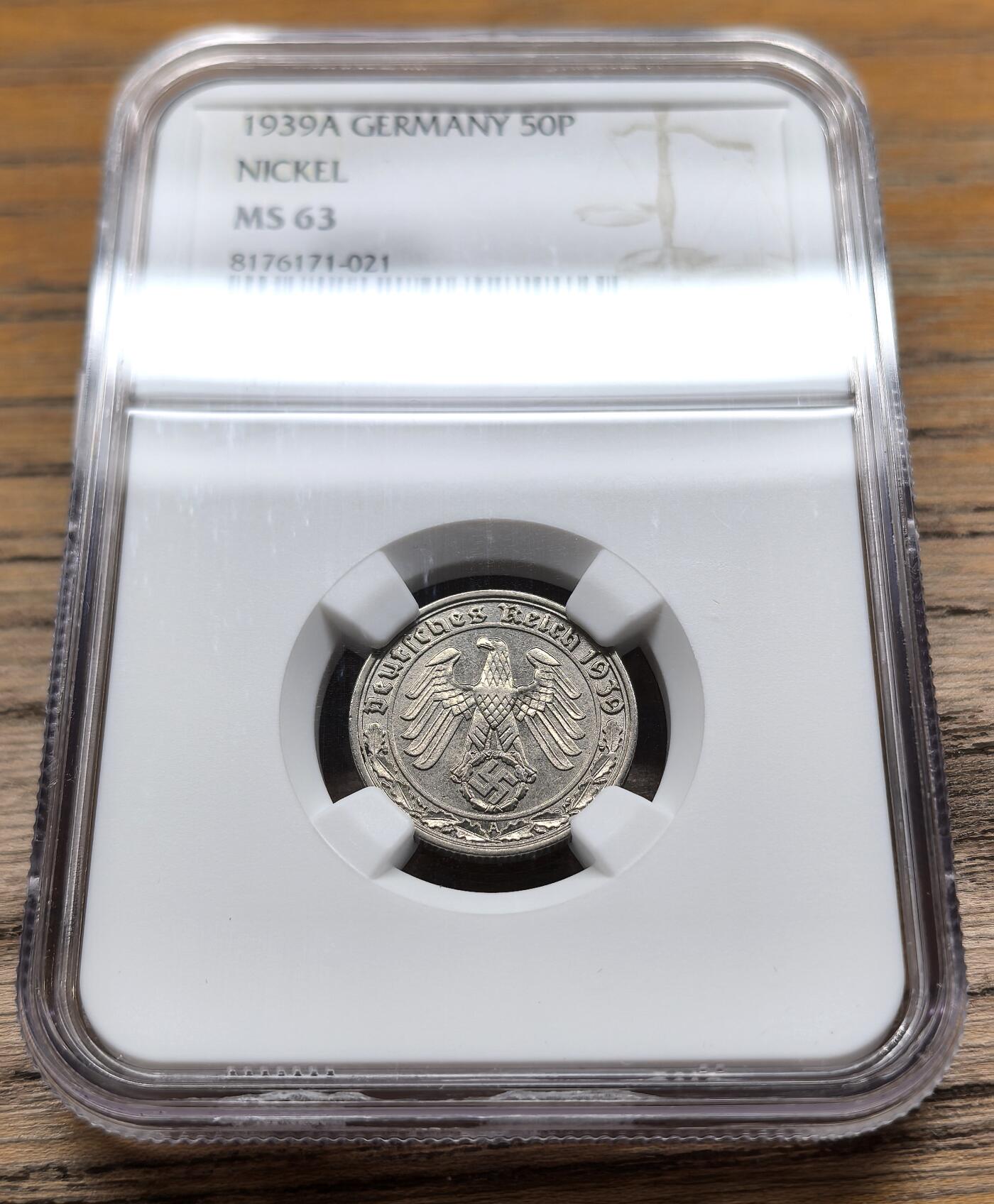 凡希社世界钱币微拍第二百九十期 1939A德国万字符50芬尼纯镍币NGC-MS63