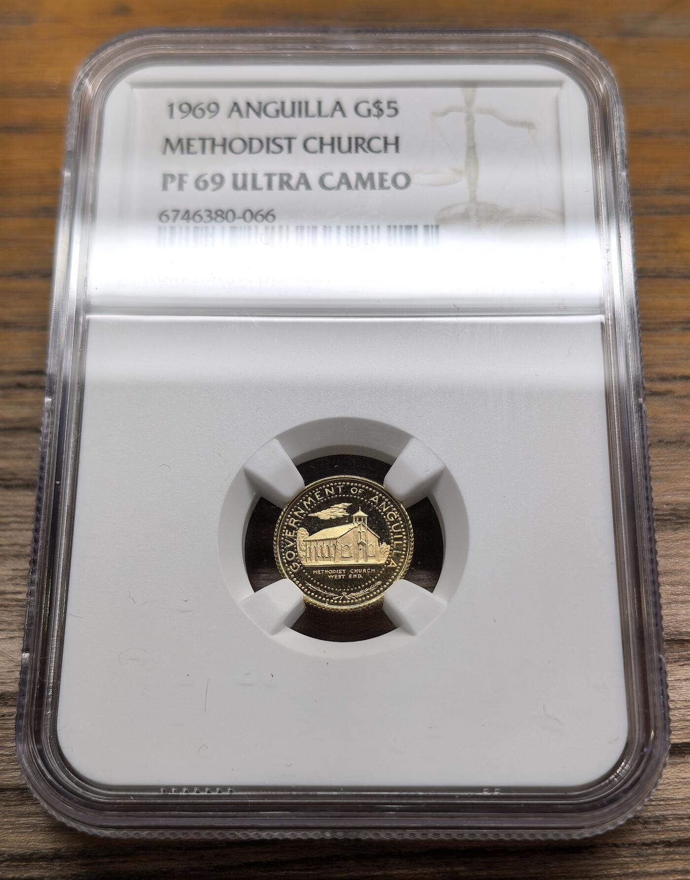 凡希社世界钱币微拍第二百九十期 1969安圭拉独立纪念5元金币NGC-PF69UC，2.46g，900金