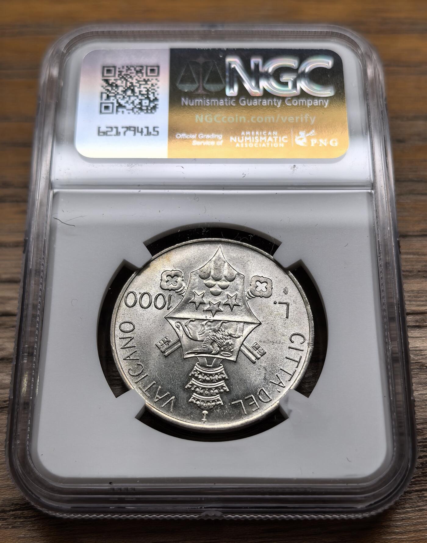 凡希社世界钱币微拍第二百九十期 1978梵蒂冈教宗牧徽1000里拉银币NGC-MS66