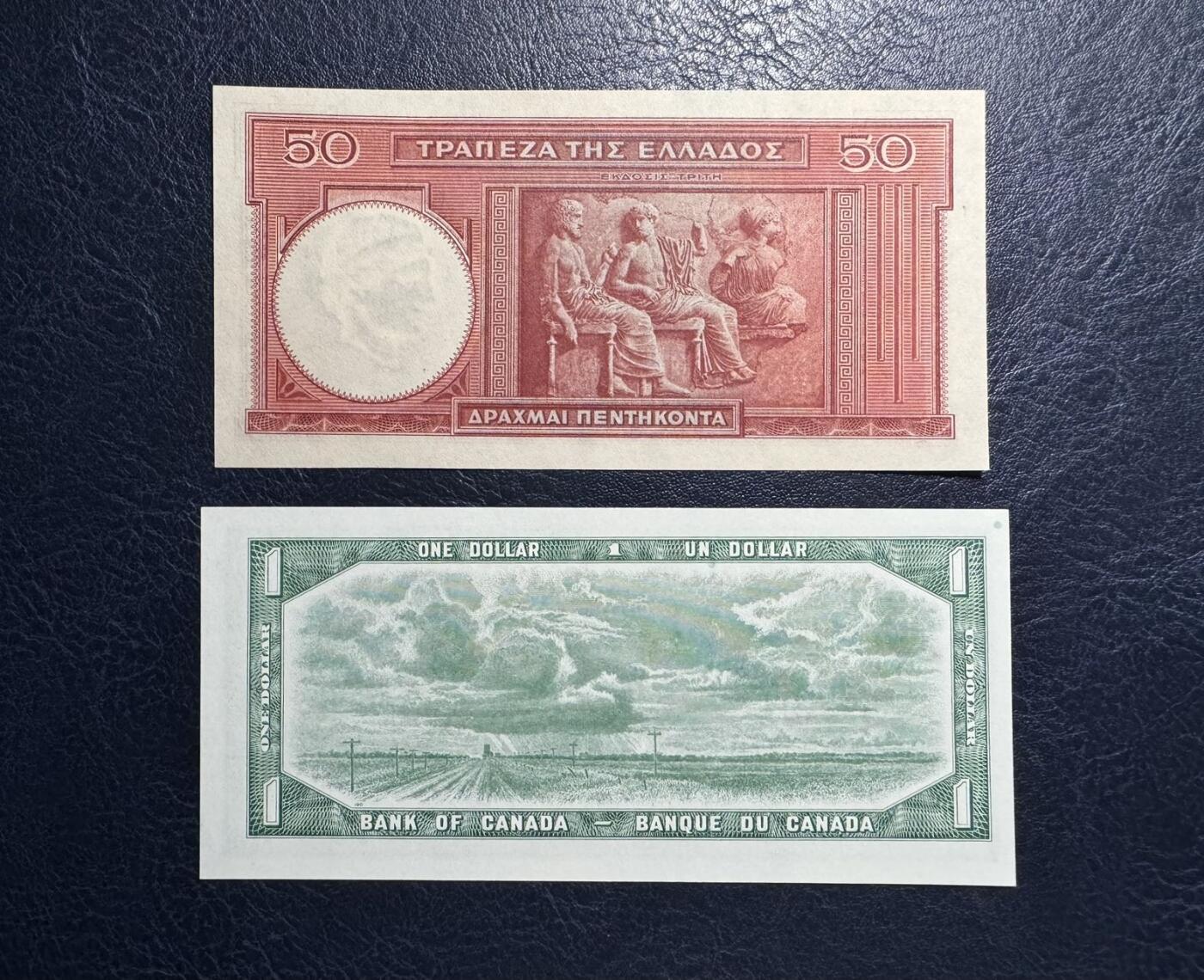 收藏联盟Quantum Auction 第392期拍卖  希腊1941年50德拉克马和加拿大1954年1元 品相全新UNC 号码无4