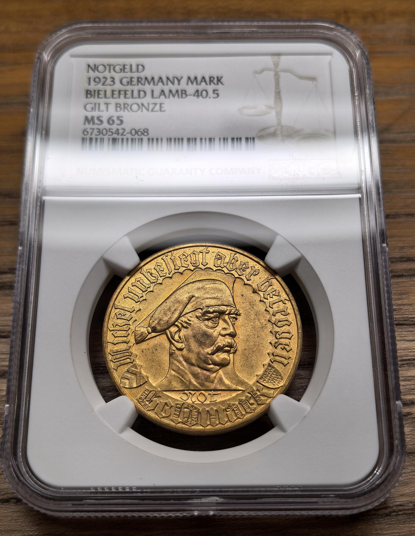 凡希社世界钱币微拍第二百九十期 1923德紧比勒菲尔德镀金马克铜币NGC-MS65