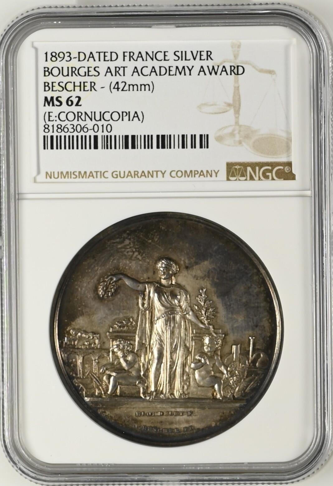 「木头集藏」章牌专场-第50期 A.BESCHER～1893年法国布尔日美术学院银奖章，直径：42 mm，边铭：丰饶角 ARGENT