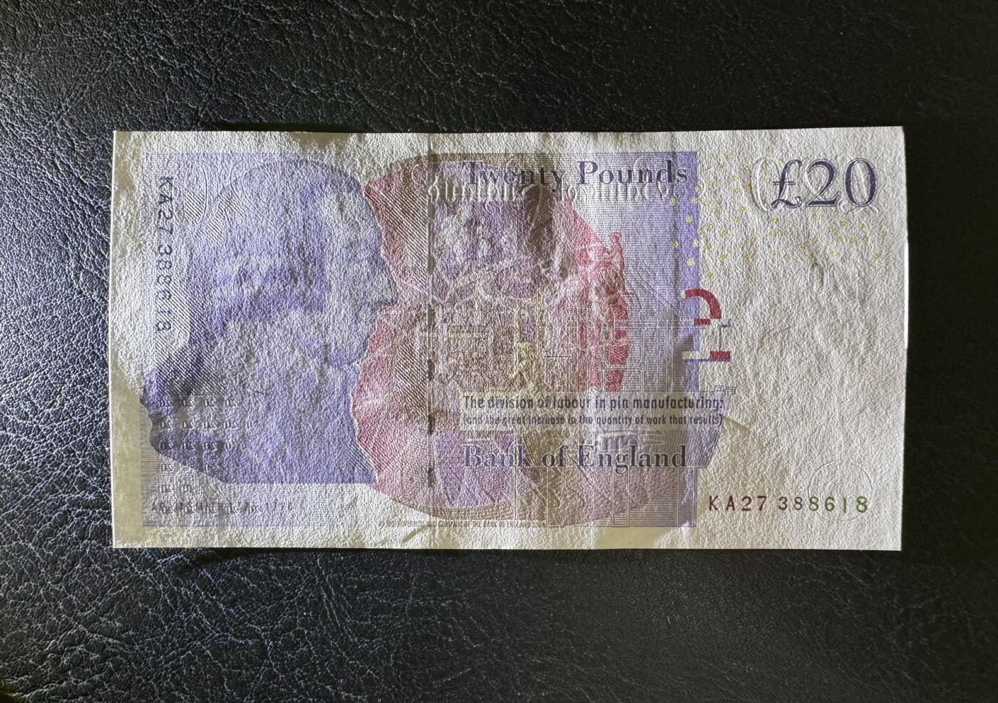 收藏联盟Quantum Auction 第392期拍卖  英国2006年版20英镑 品相UNC 水印处点钞痕 号码无4 经济学家 亚当史密斯