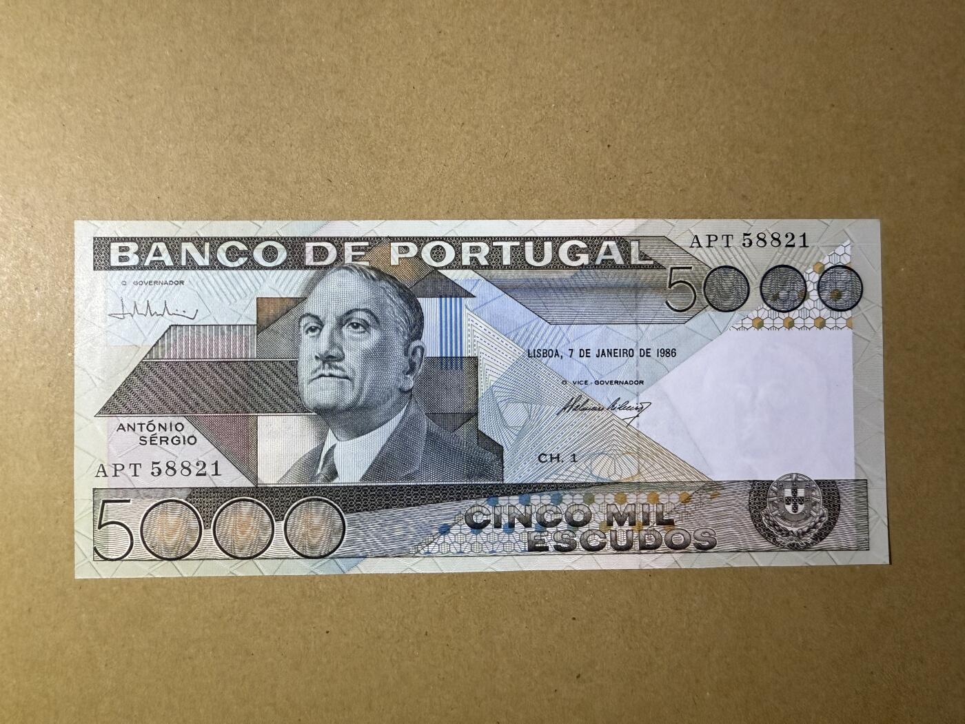《张总收藏》175期-周日外币精品 葡萄牙5000埃斯库多 UNC 1986年 葡萄牙教育家安东尼奥·苏沙 少见版本 无347