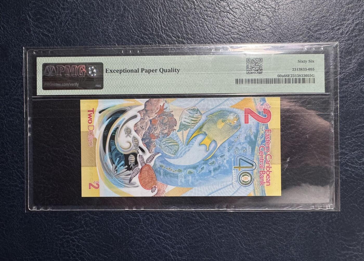 收藏联盟Quantum Auction 第392期拍卖  东加勒比2023年2元纪念钞首发AA冠 PMG66   IBNS获奖作品  倒置号 