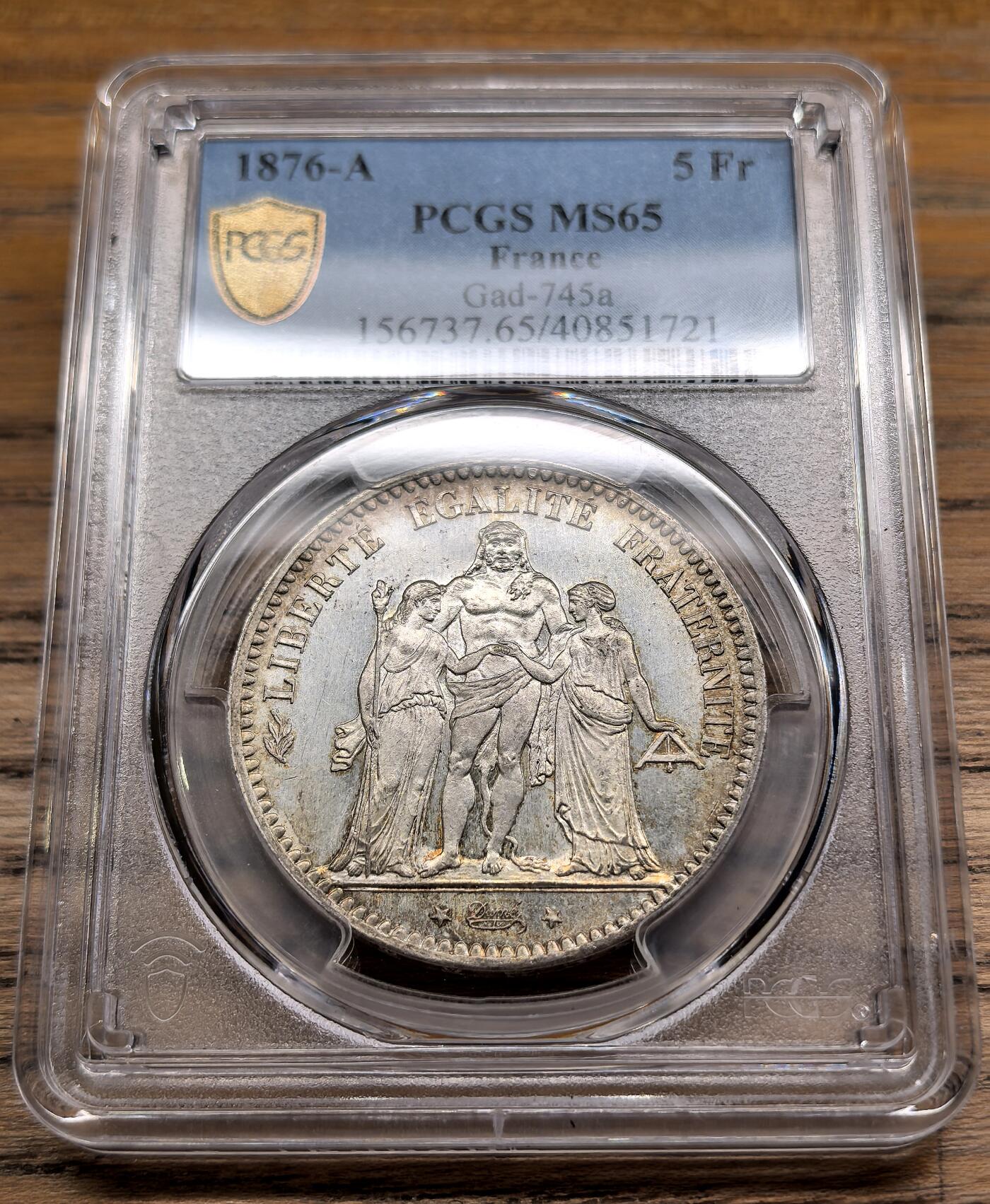凡希社世界钱币微拍第二百九十期 1876A法国大力神5法郎大银PCGS-MS65，收藏级！
