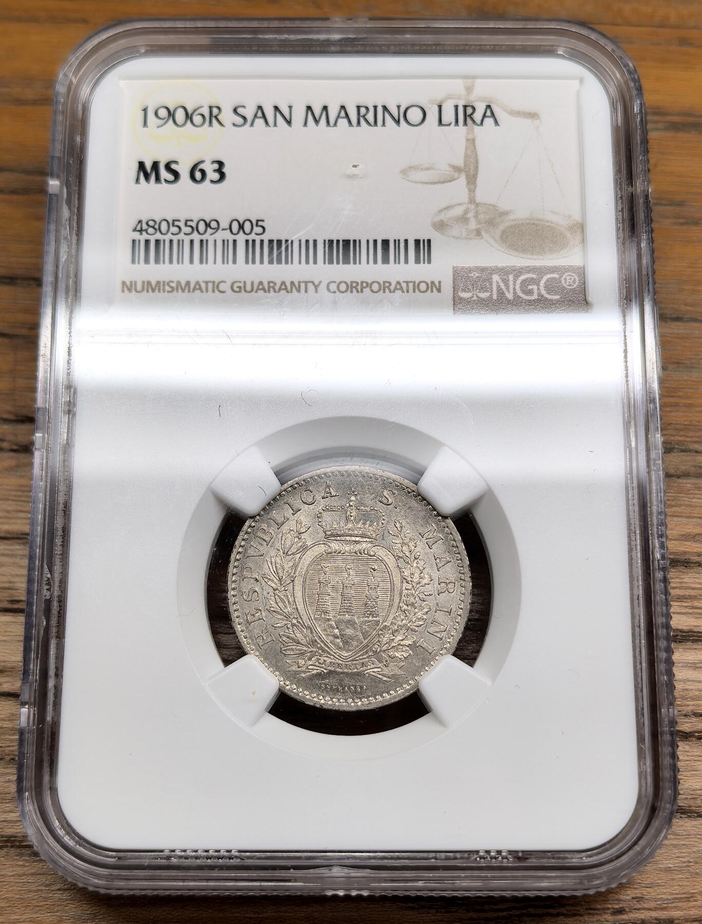 凡希社世界钱币微拍第二百九十期 1906圣马力诺里拉银币NGC-MS63