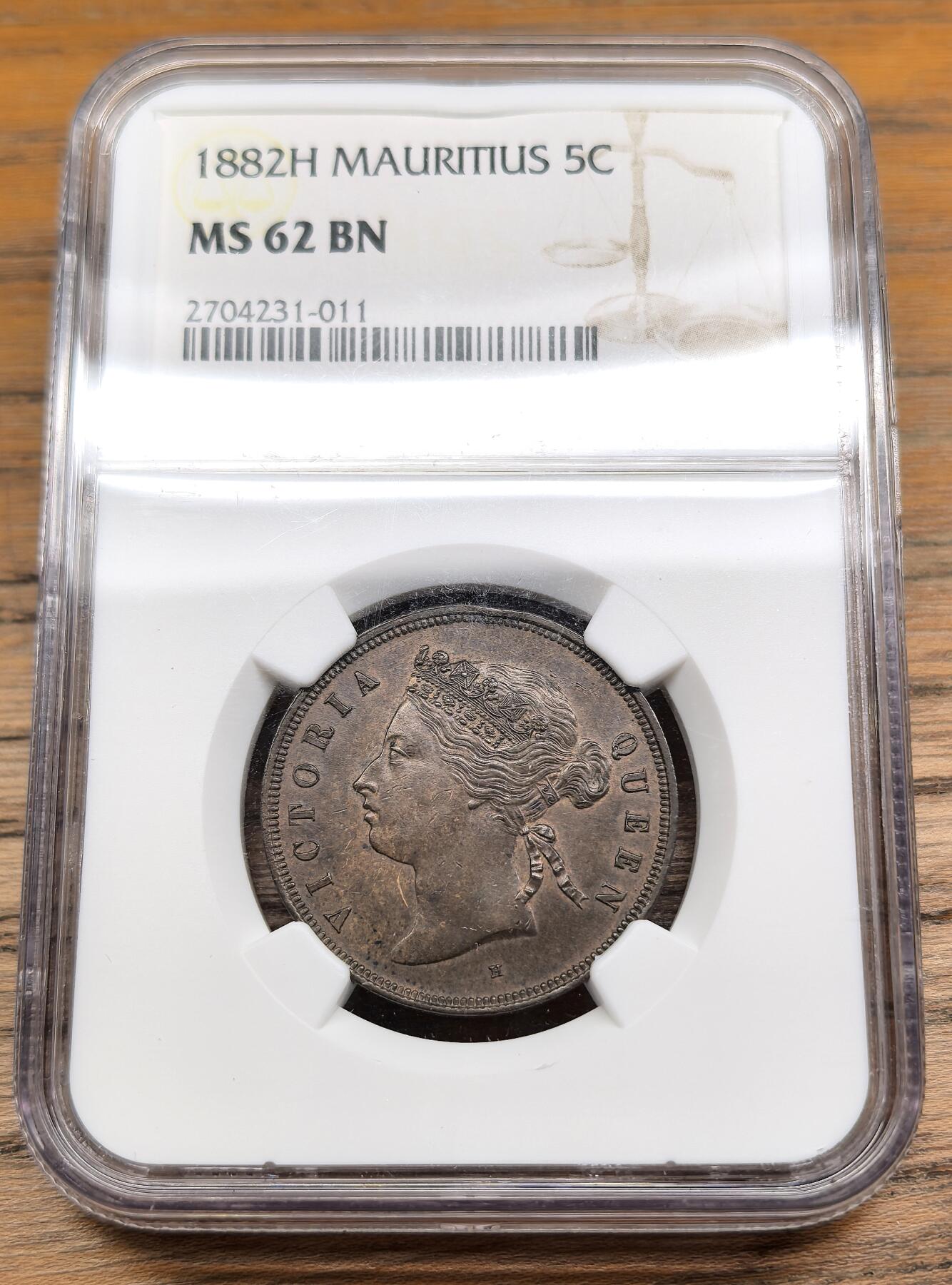 凡希社世界钱币微拍第二百九十期 1882H英属毛里求斯小维5分铜币NGC-MS62