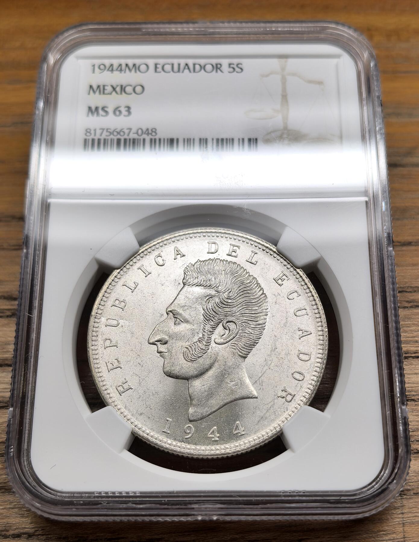 凡希社世界钱币微拍第二百九十期 1944厄瓜多尔5苏克雷大银NGC-MS63
