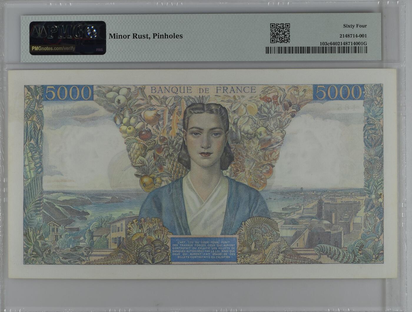 收藏联盟Quantum Auction 第392期拍卖  法国1945-47年5000法郎 PMG64 大团结