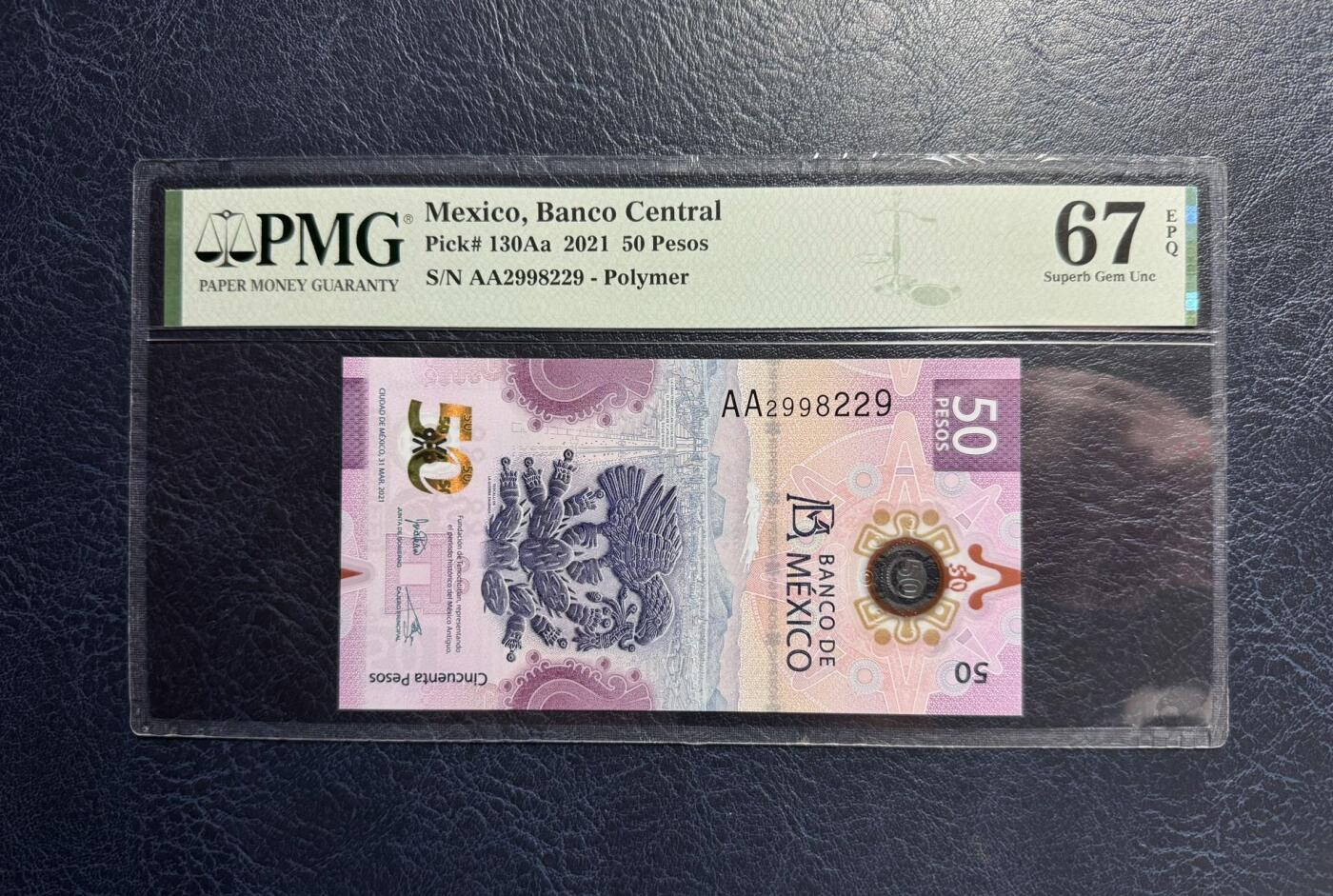 收藏联盟Quantum Auction 第392期拍卖  墨西哥2021年20比索首发AA冠 PMG67 IBNS获奖作品 号码无3457朦胧号