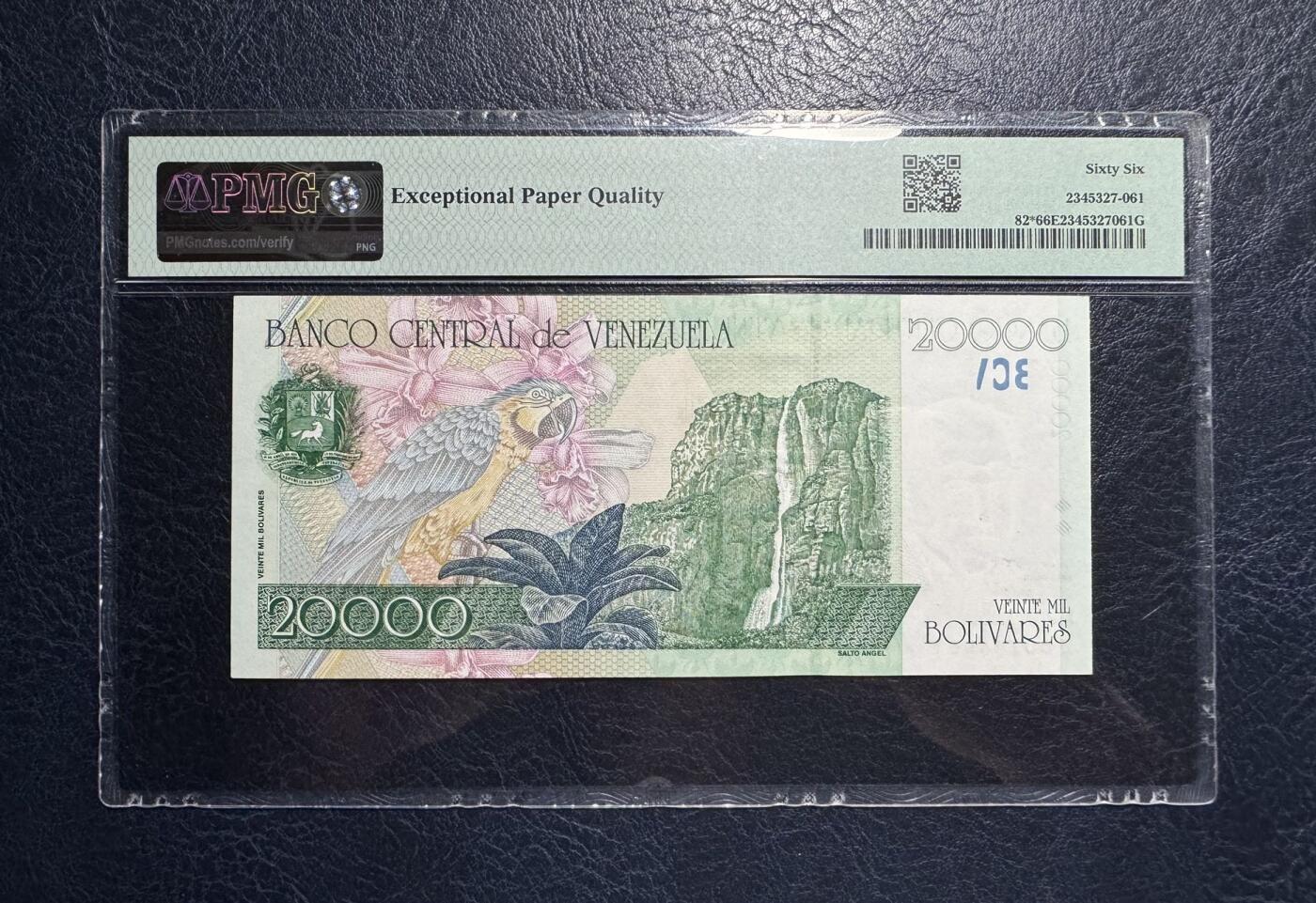 收藏联盟Quantum Auction 第392期拍卖  委瑞内拉1998年20000玻利瓦尔补号 PMG66  稀少 背面为世界落差第一大瀑布 安赫尔瀑布