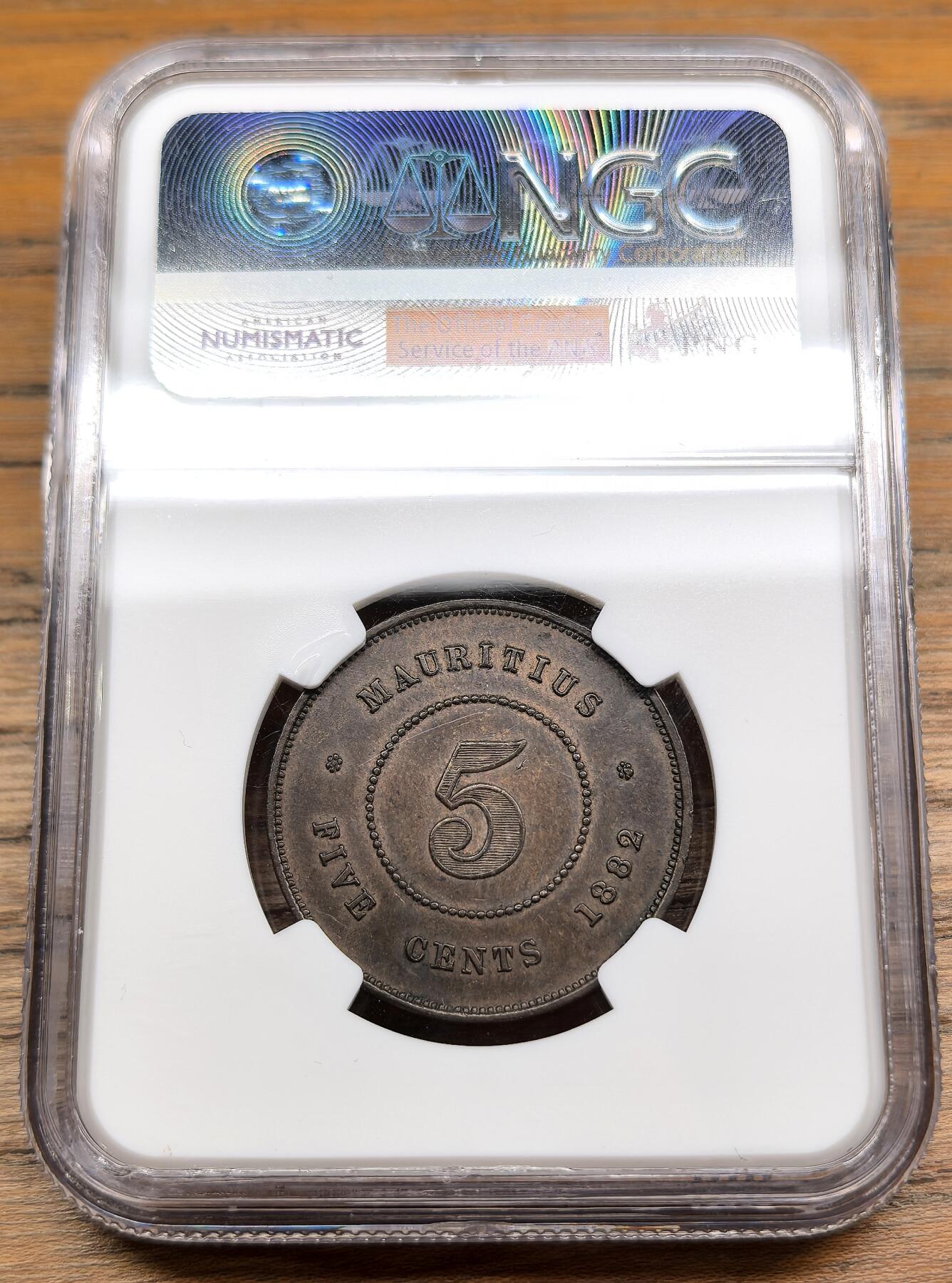 凡希社世界钱币微拍第二百九十期 1882H英属毛里求斯小维5分铜币NGC-MS62