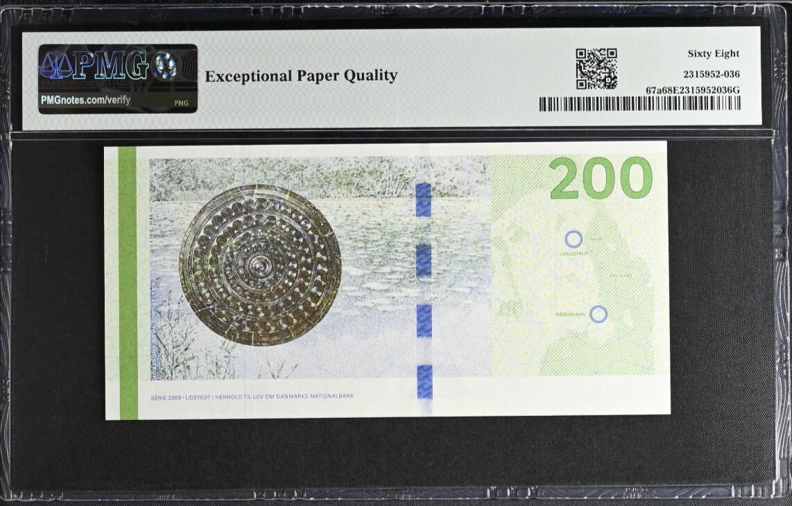 《张总收藏》175期-周日外币精品 丹麦2010年少见A0冠200克朗PMG68E冠军分超小十位17号 配色高级 Pick#67a