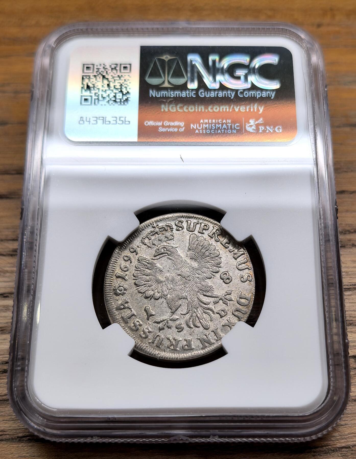 凡希社世界钱币微拍第二百九十期 荐！1699德国勃兰登堡公国18Gro银币NGC-MS63，原始铸出状态，淡彩哑光，品相极罕见！