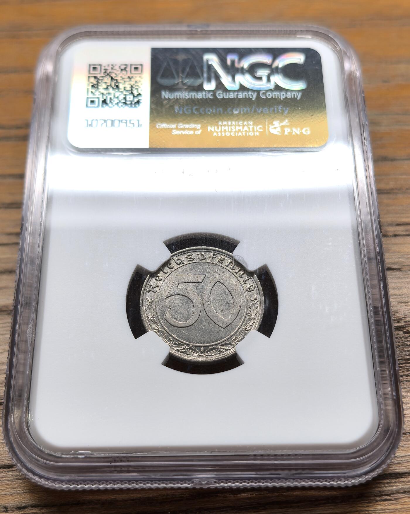 凡希社世界钱币微拍第二百九十期 1939A德国万字符50芬尼纯镍币NGC-MS63