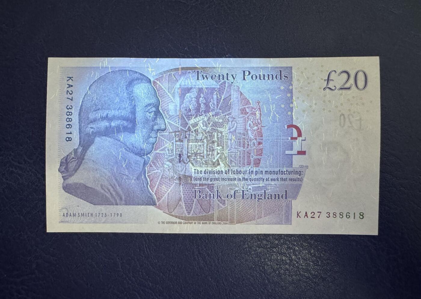 收藏联盟Quantum Auction 第392期拍卖  英国2006年版20英镑 品相UNC 水印处点钞痕 号码无4 经济学家 亚当史密斯