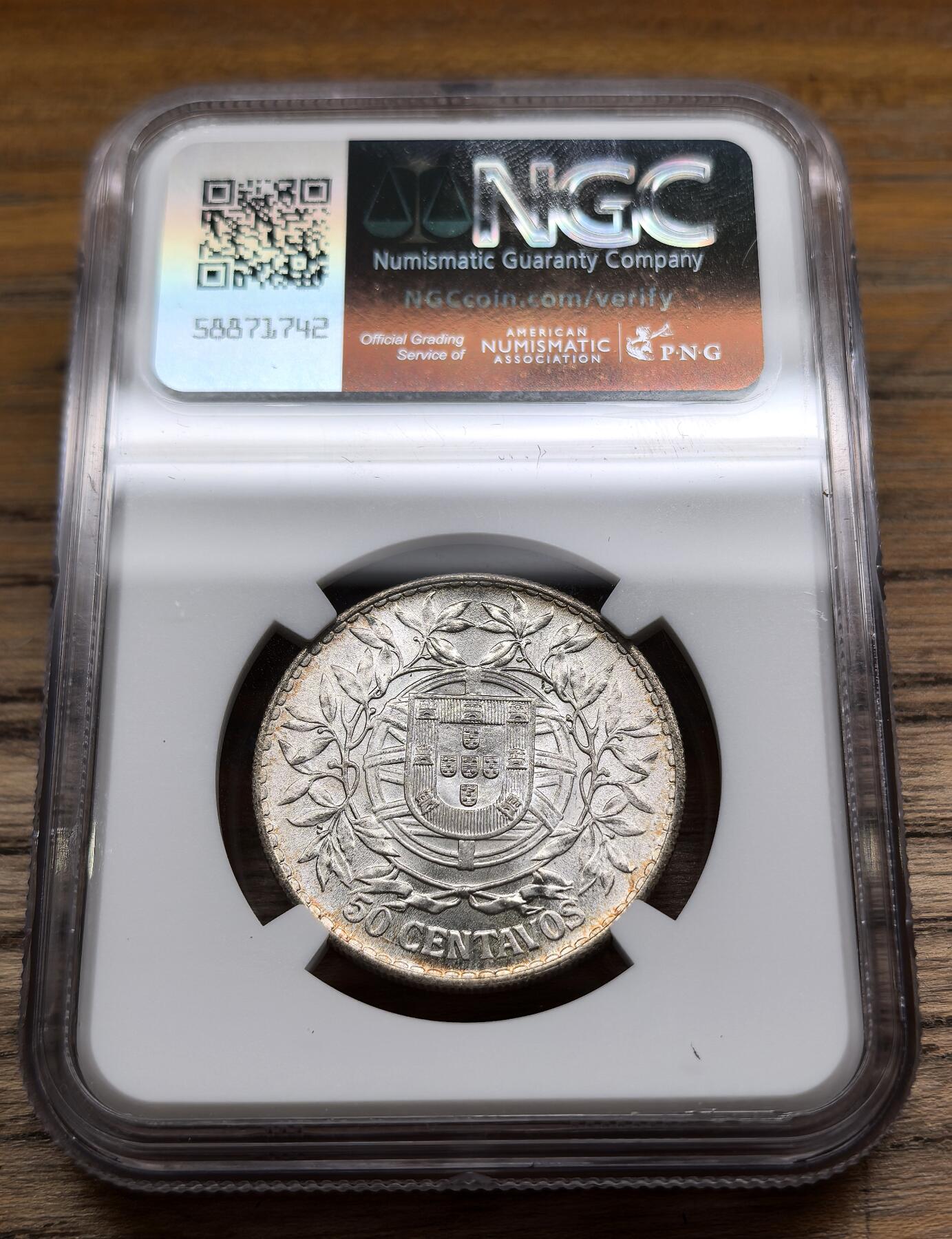 凡希社世界钱币微拍第二百九十期 1916葡萄牙女神50分银币NGC-MS65