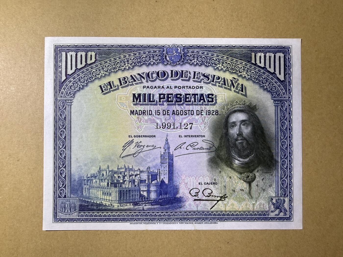 《张总收藏》175期-周日外币精品 西班牙1000比塞塔 UNC- 1928年 西班牙国王圣费尔南多 难得的原票 局部荧光 无4