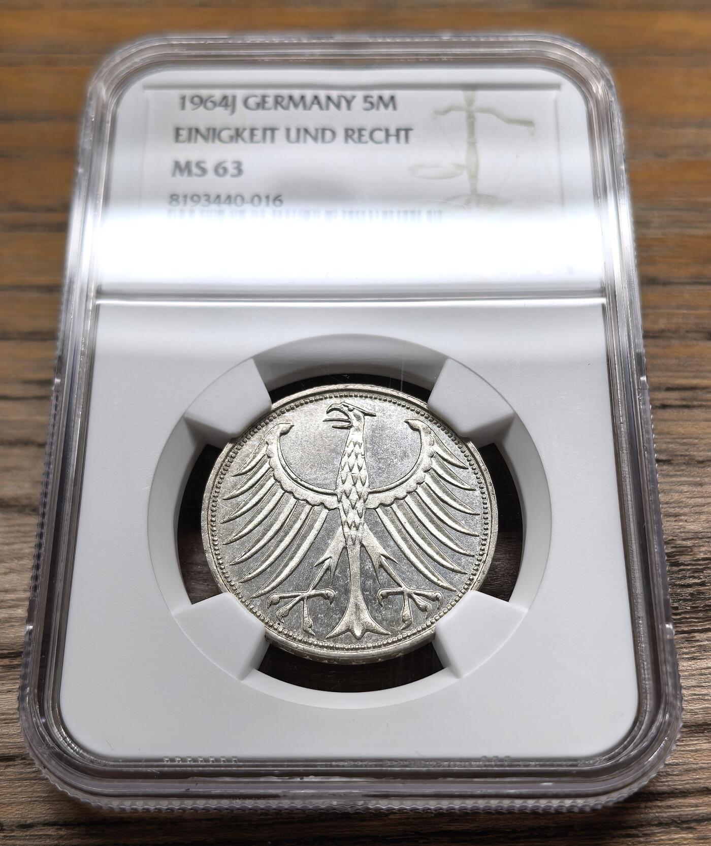 凡希社世界钱币微拍第二百九十期 1964J联邦德国5马克流通银币NGC-MS63