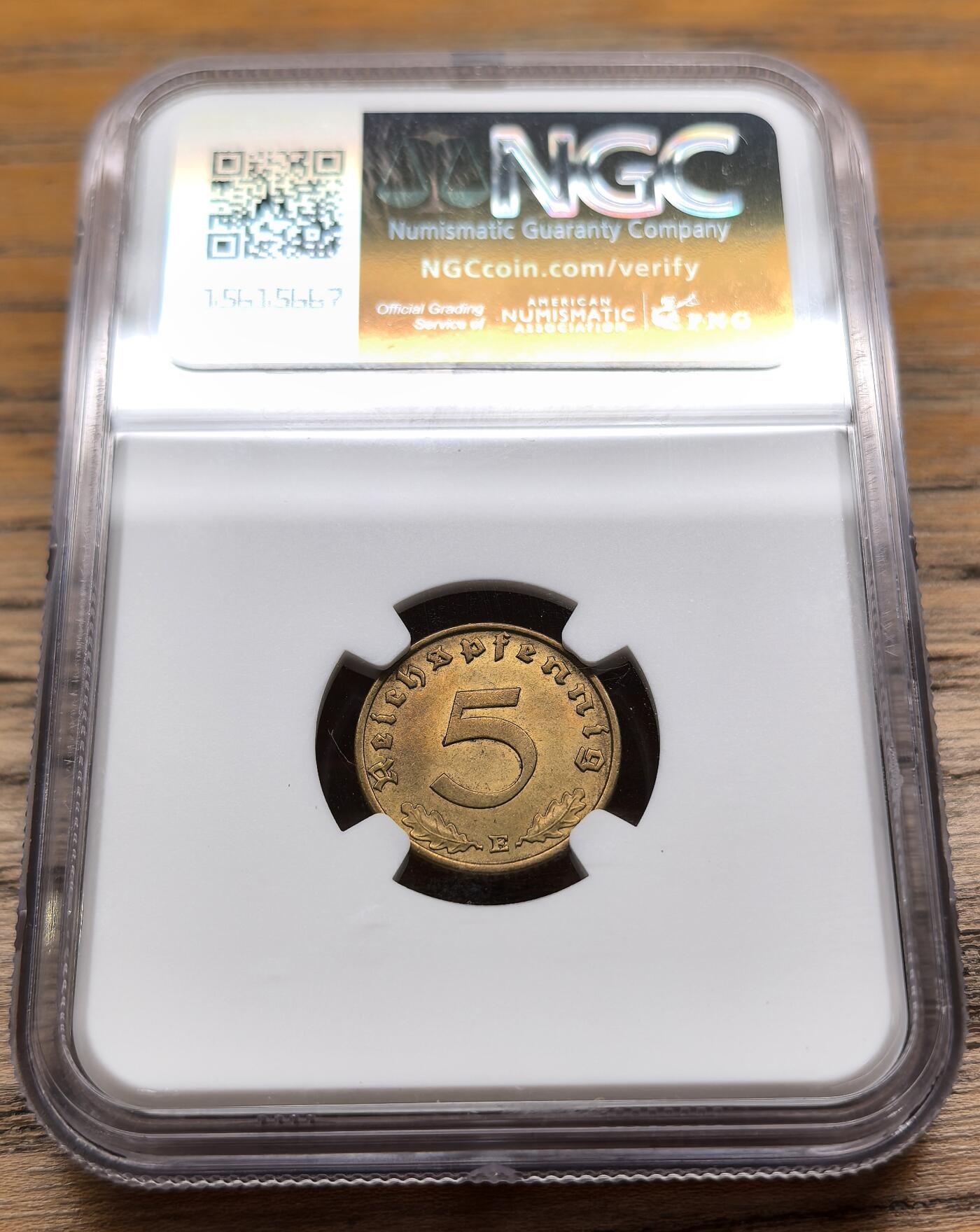 凡希社世界钱币微拍第二百九十期 1938E德国万字5芬尼黄铜币NGC-MS63