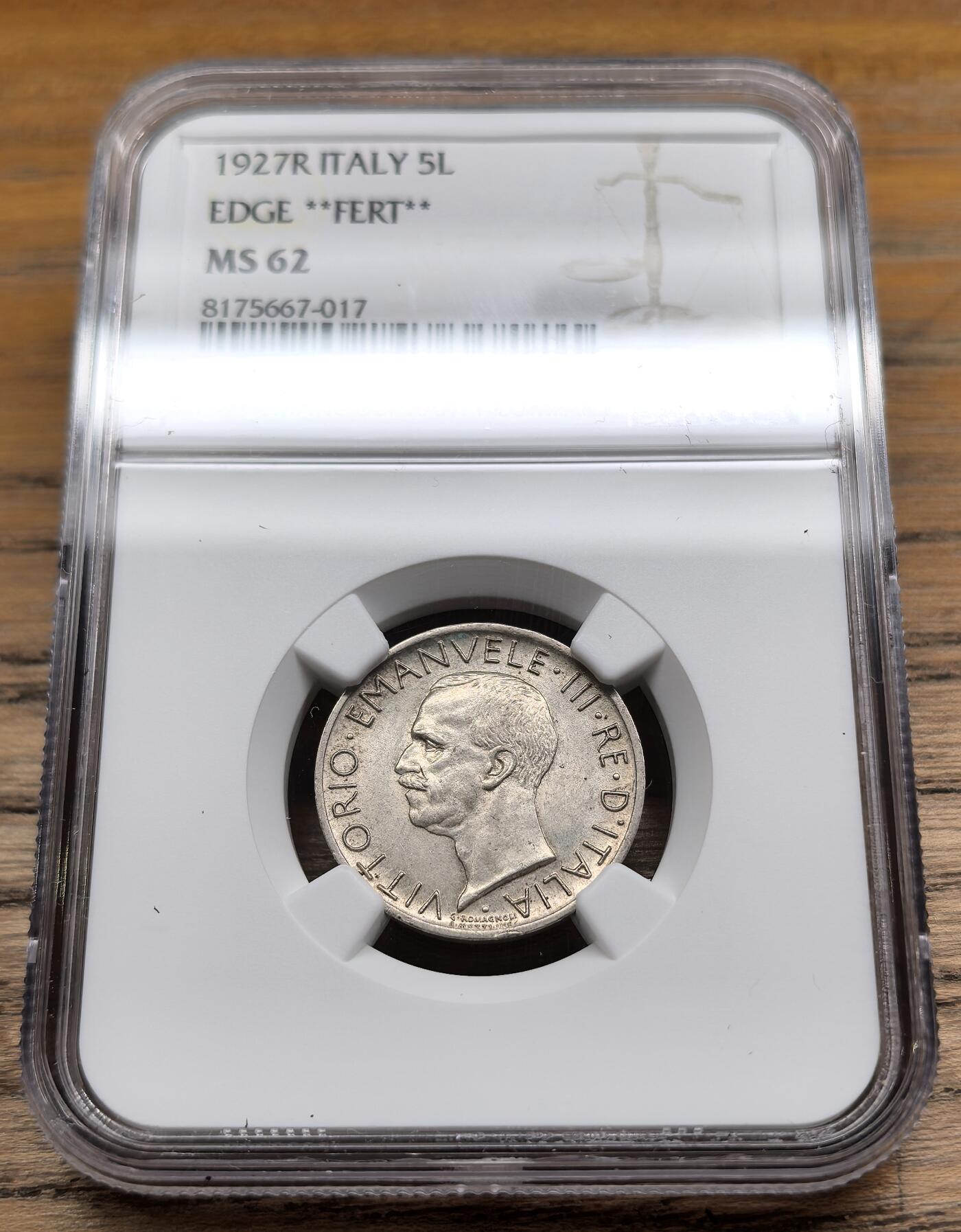 凡希社世界钱币微拍第二百九十期 1927意大利5里拉银币NGC-MS62
