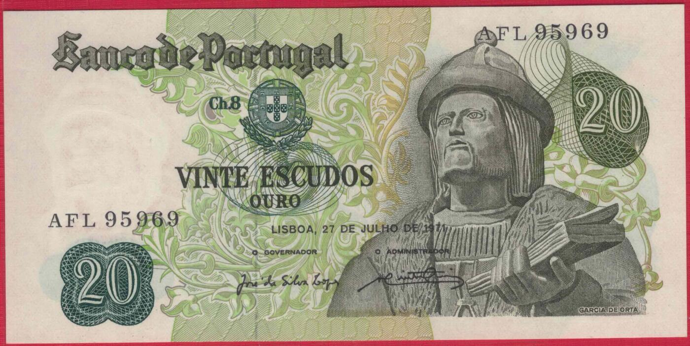 葡萄牙1971年20埃斯库多 注意签名 三字轨 无47 数三 欧洲纸币 实物图 UNC