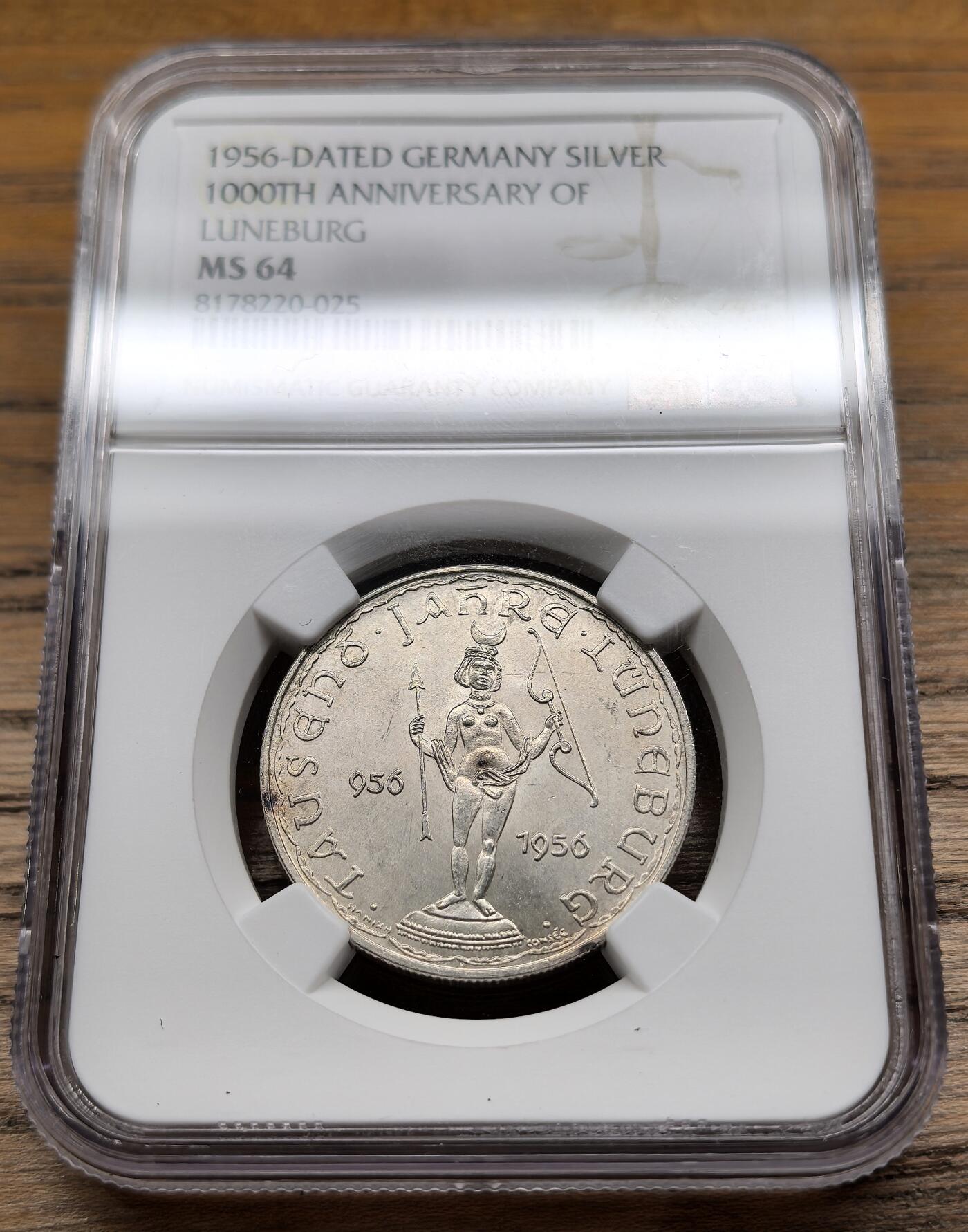凡希社世界钱币微拍第二百九十期 1956德国吕内堡千年纪念银章NGC-MS64