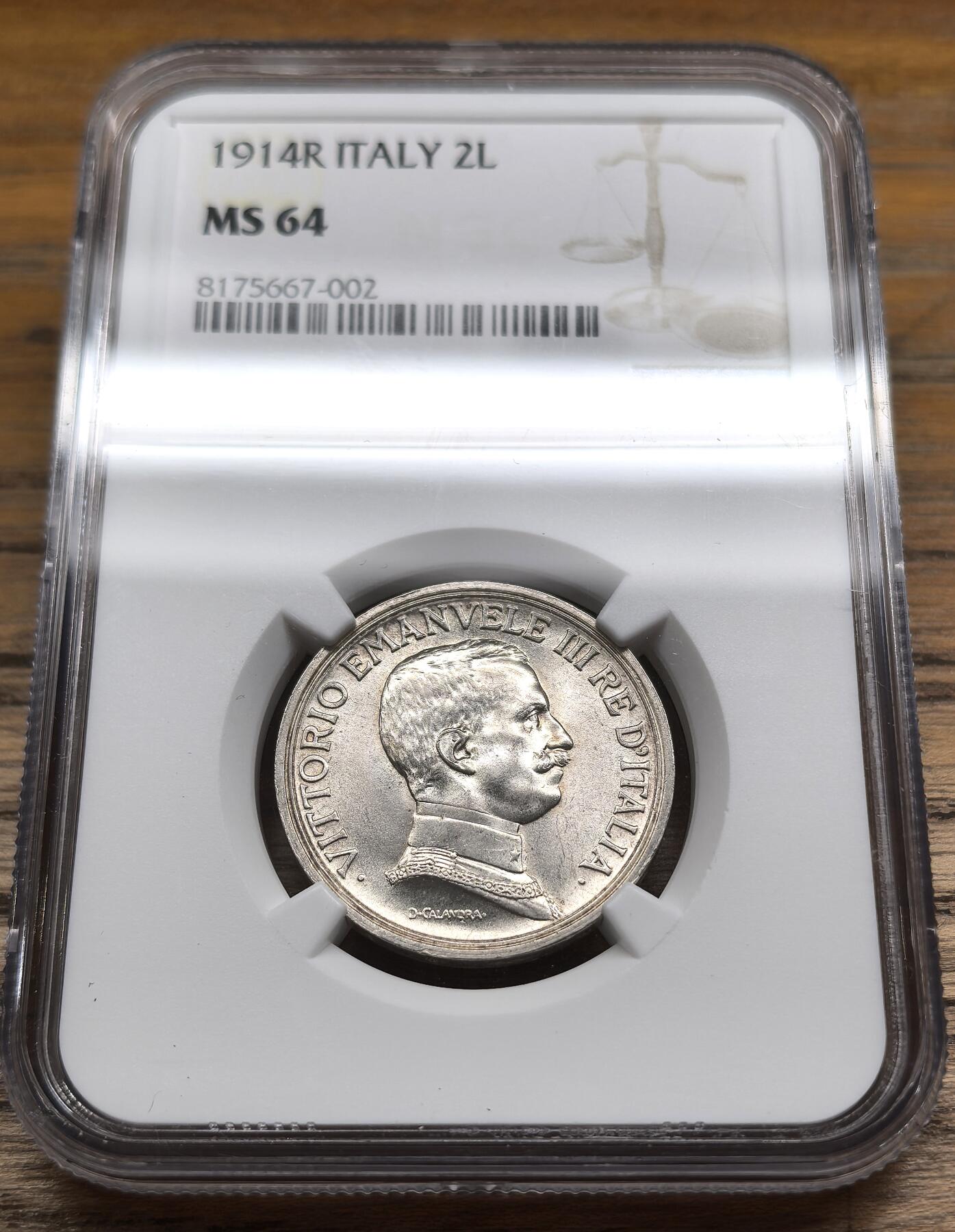 凡希社世界钱币微拍第二百九十期 1914R意大利马车2里拉银币NGC-MS64，淡彩粉光。