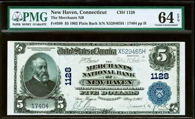 【Blue Auction】✨世界纸币精拍第580期【精】 - 【升值品种】美国 1902年5美金 PMG64EPQ 全新原票 背面经典油画《Landing of the Pilgrims》（朝圣者登陆）设计精美 美国第23任美国总统本杰明·哈里森