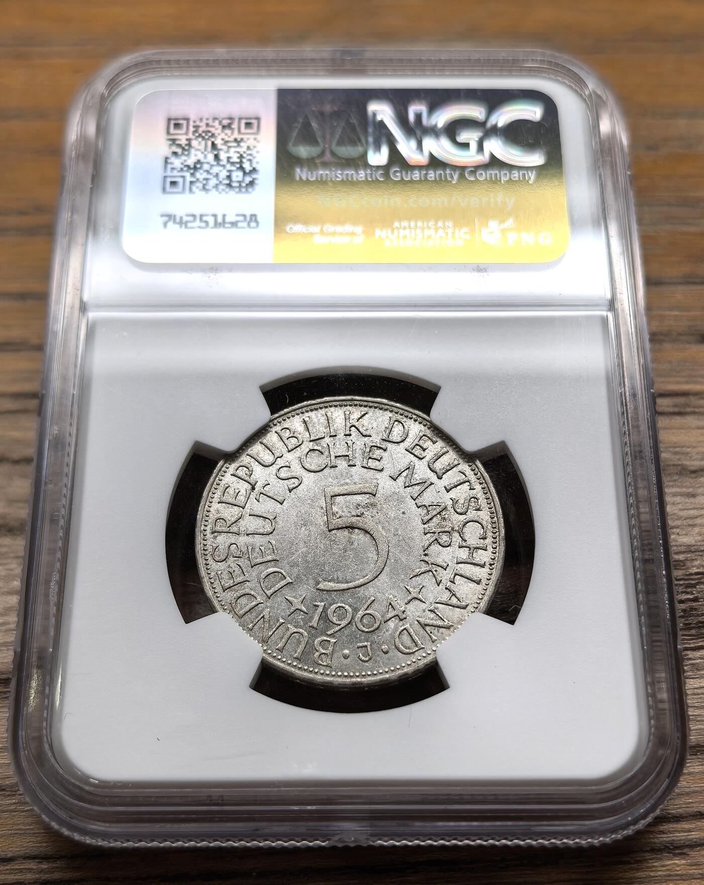凡希社世界钱币微拍第二百九十期 1964J联邦德国5马克流通银币NGC-MS63
