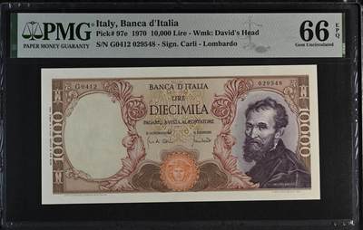 收藏联盟Quantum Auction 第392期拍卖  - 意大利1970年10000里拉 PMG66  文艺复兴三杰 米开朗基罗