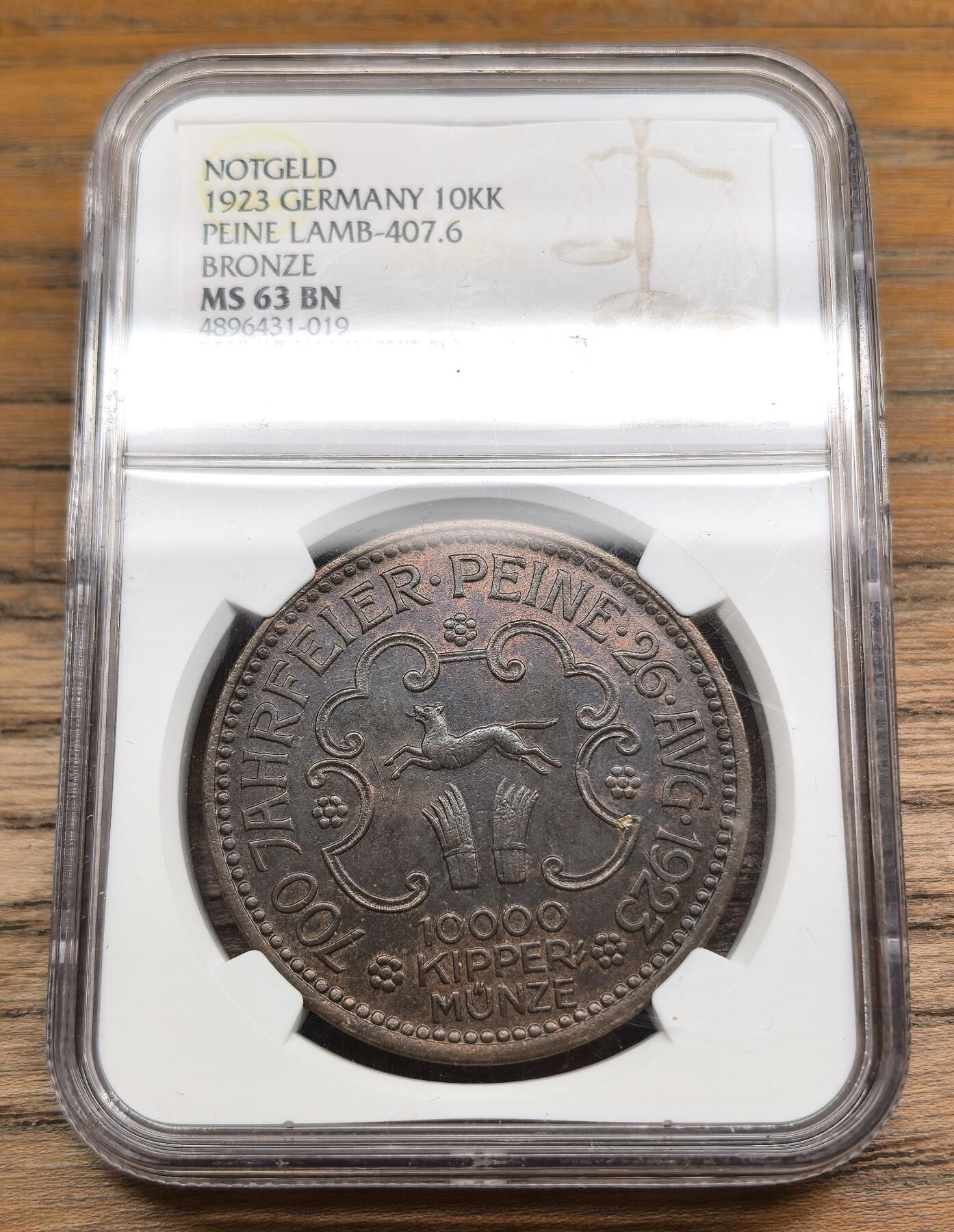凡希社世界钱币微拍第二百九十期 1923德紧佩恩猫头鹰10000K铜币NGC-MS63