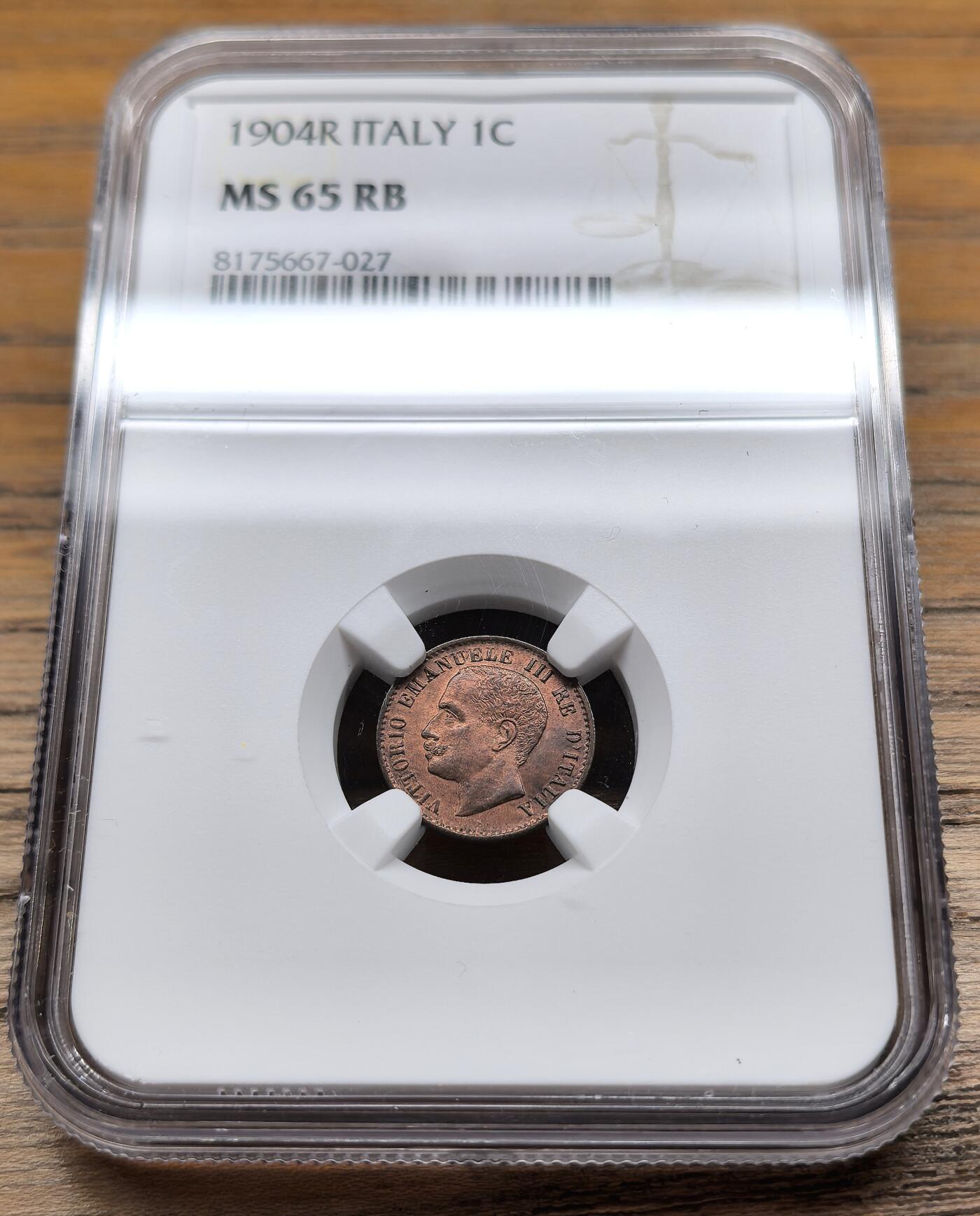 凡希社世界钱币微拍第二百九十期 1904意大利翁贝托1分铜币NGC-MS65，原铜光！