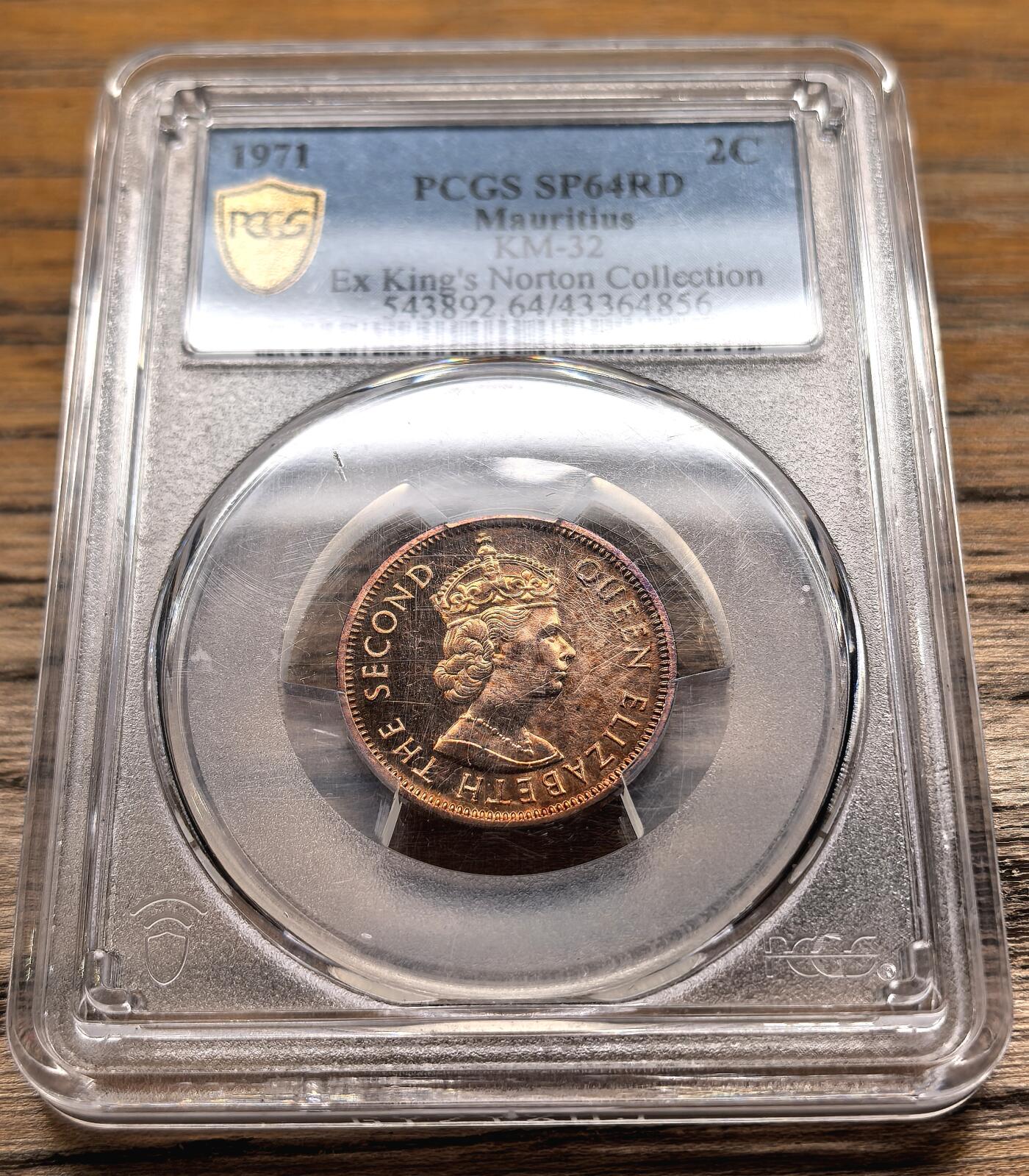 凡希社世界钱币微拍第二百九十期 1971毛里求斯伊丽莎白2分铜币PCGS-SP64，King's Norton造币厂窖藏。