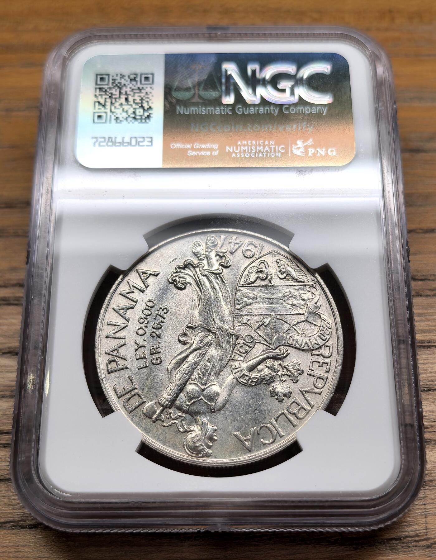 凡希社世界钱币微拍第二百九十期 1947巴拿马1巴尔博亚大银NGC-MS64