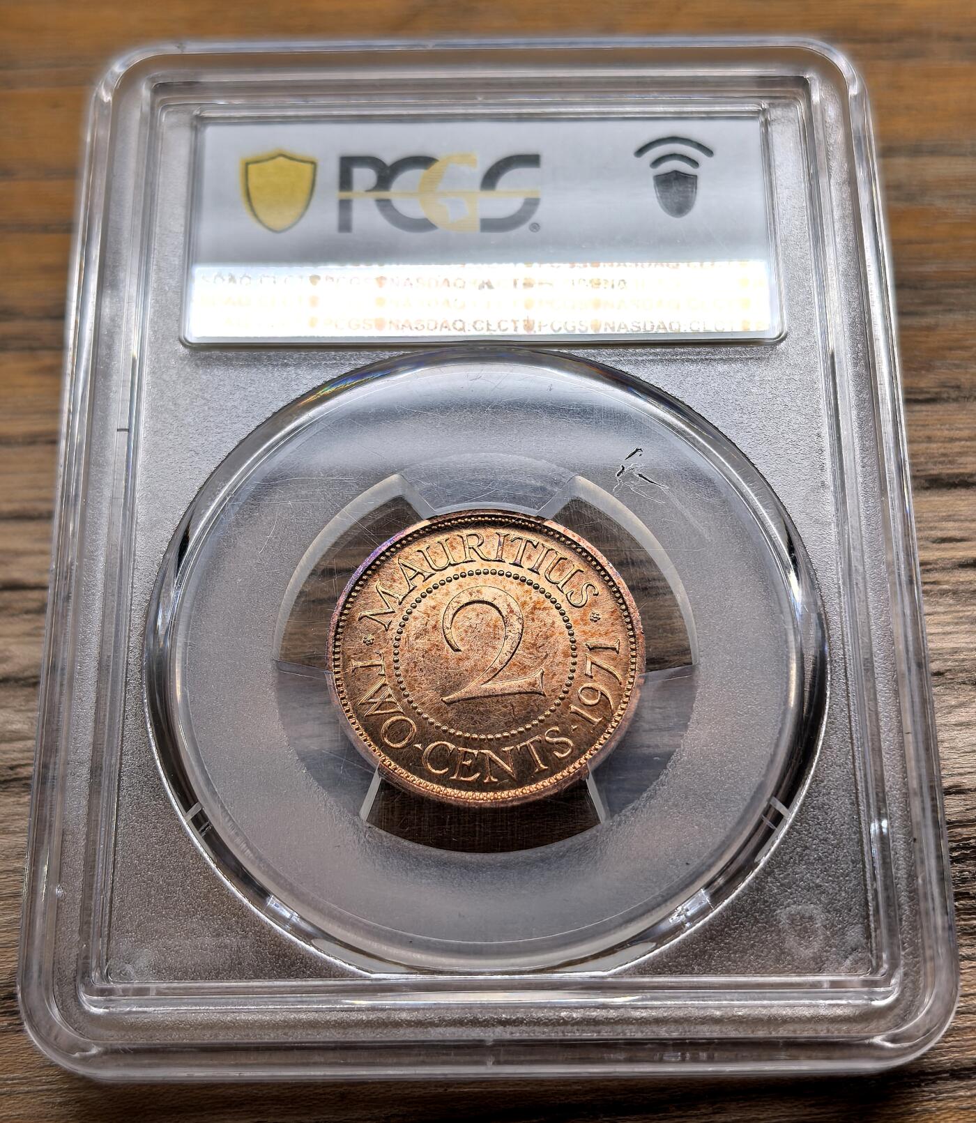 凡希社世界钱币微拍第二百九十期 1971毛里求斯伊丽莎白2分铜币PCGS-SP64，King's Norton造币厂窖藏。