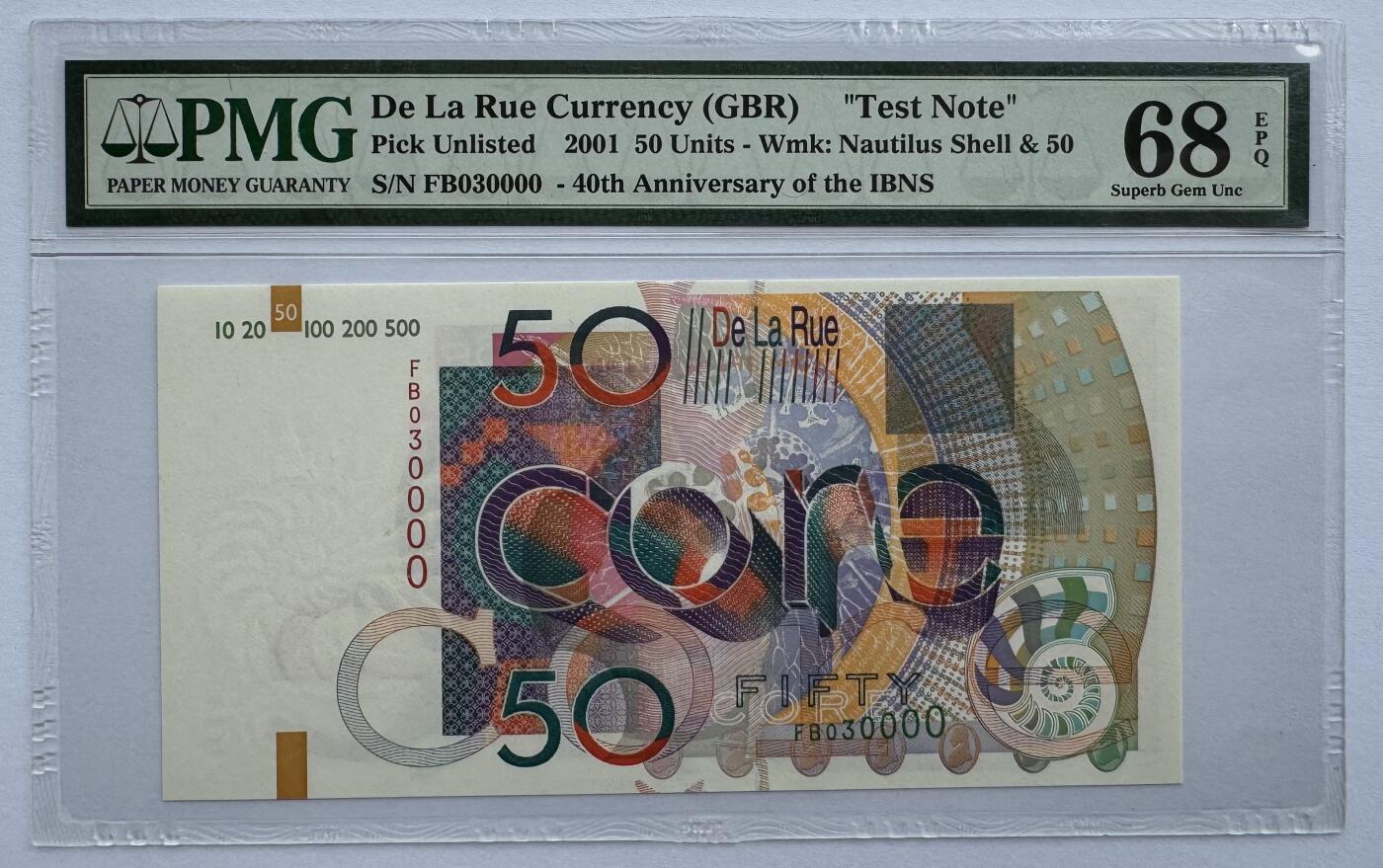 2026第1场（总第228期）：精品测试钞、外钞、塑料钞、连体钞综合场 德纳罗DLR “Core核心系列”50面额测试钞（PMG68高分）
