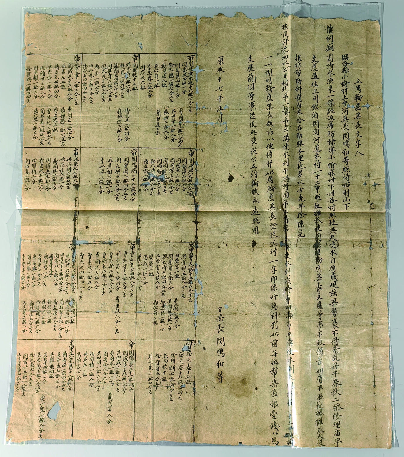华宇2024年秋季拍卖会 康熙十七年山西三大水源之一著名风景区姑射山龙子祠庙水泉用水合约一件，尺寸：44×50CM