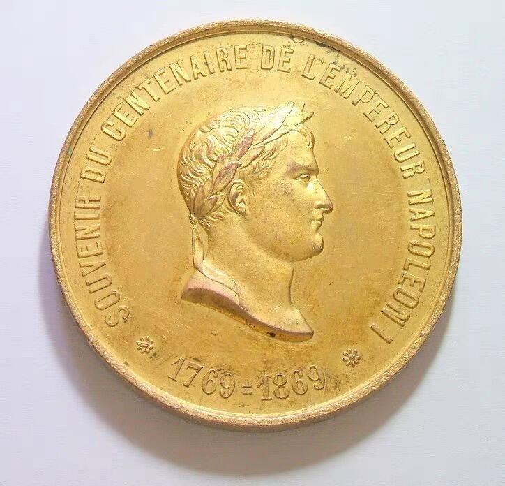 法国1869年 拿破仑诞辰百年金叶冠高浮雕精制大镀金章 50MM