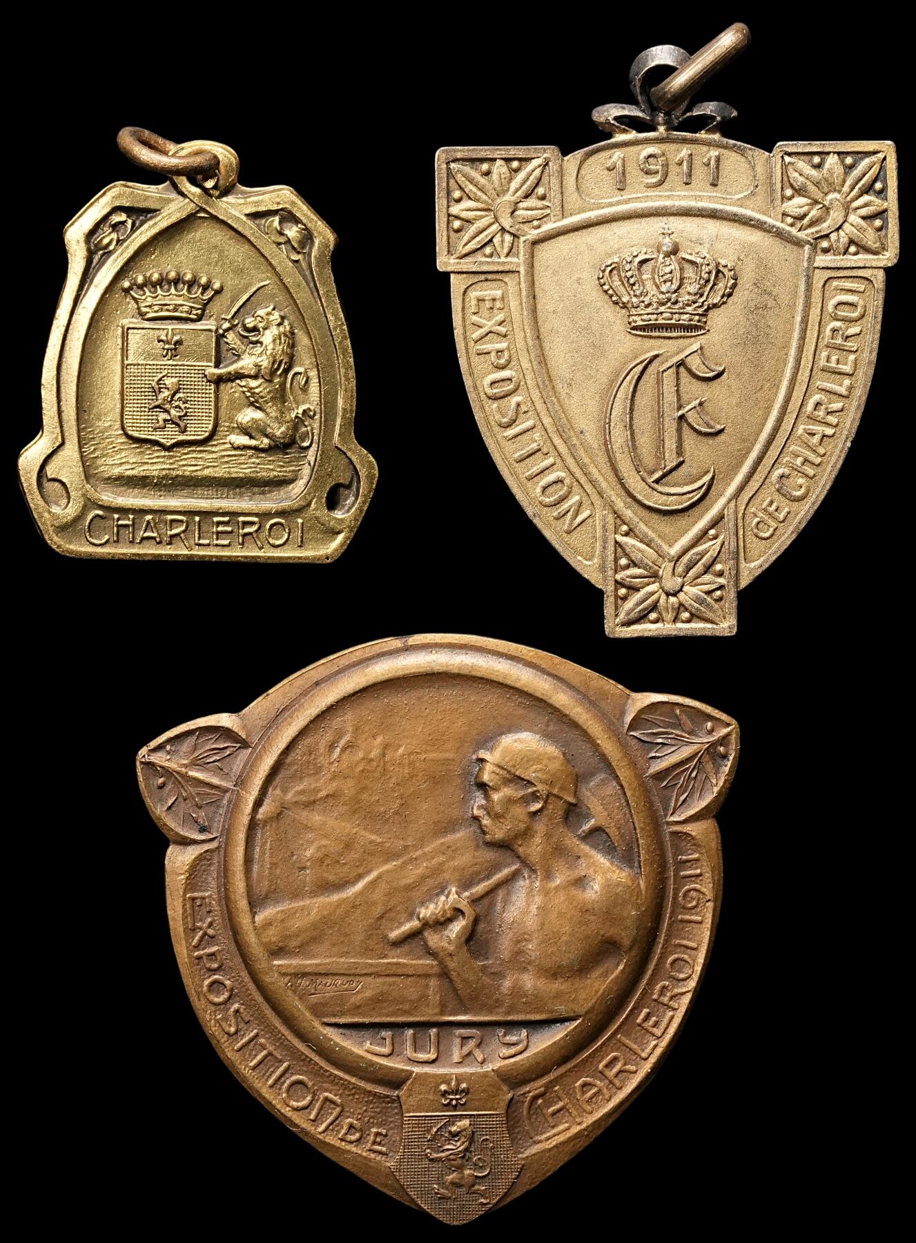 修遠堂世界钱币第四十七期 全场包邮 1911年比利时-沙勒罗伊博览会章牌3枚 28.24g