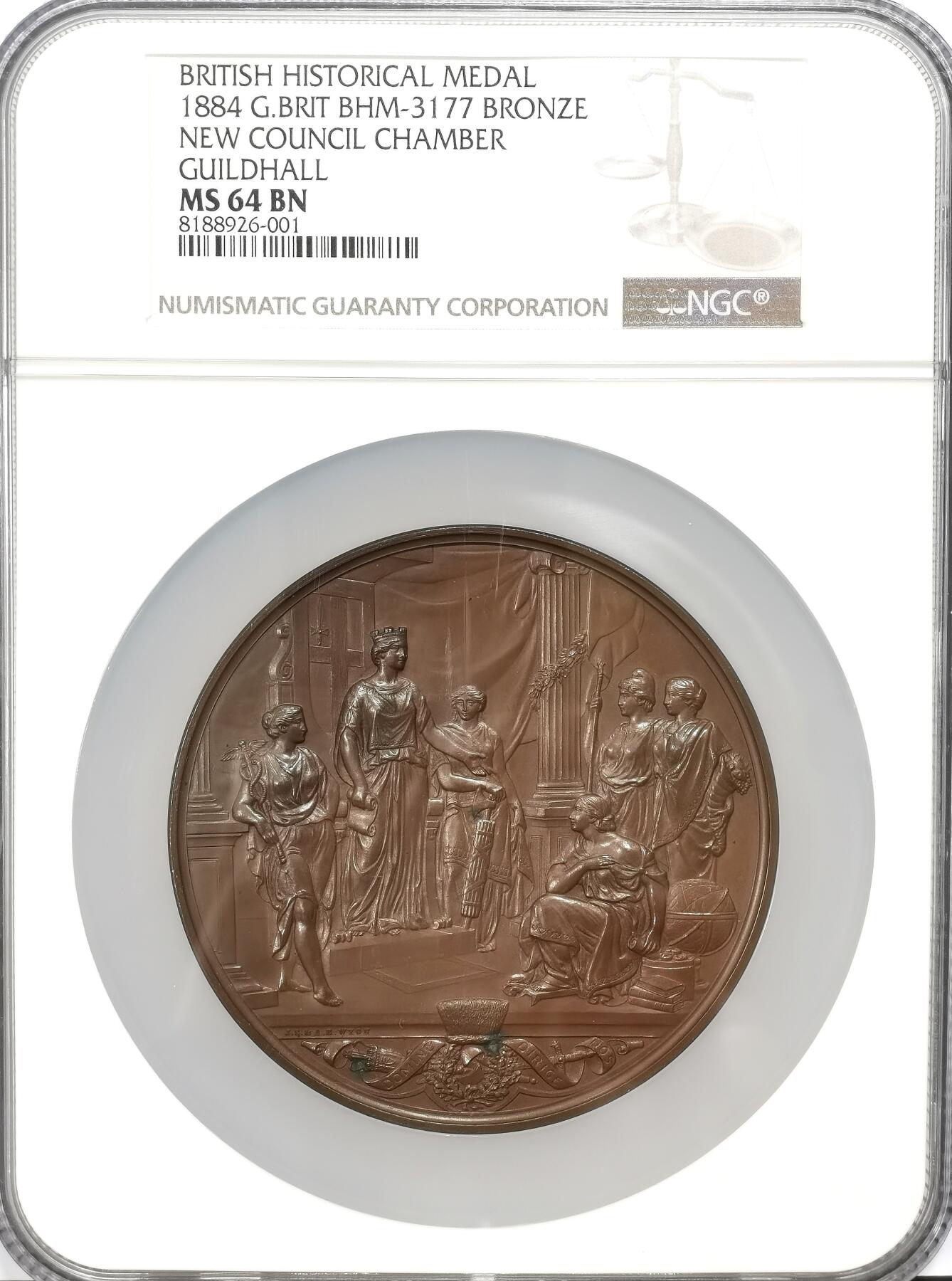 博洋堂“瑰宝之夜”第100期盛典专场（全场顺丰包邮） NGC MS64 WYON作品，金融城系列，1884年伦敦市政厅落成纪念铜章，原盒一对双黄蛋，非常难得