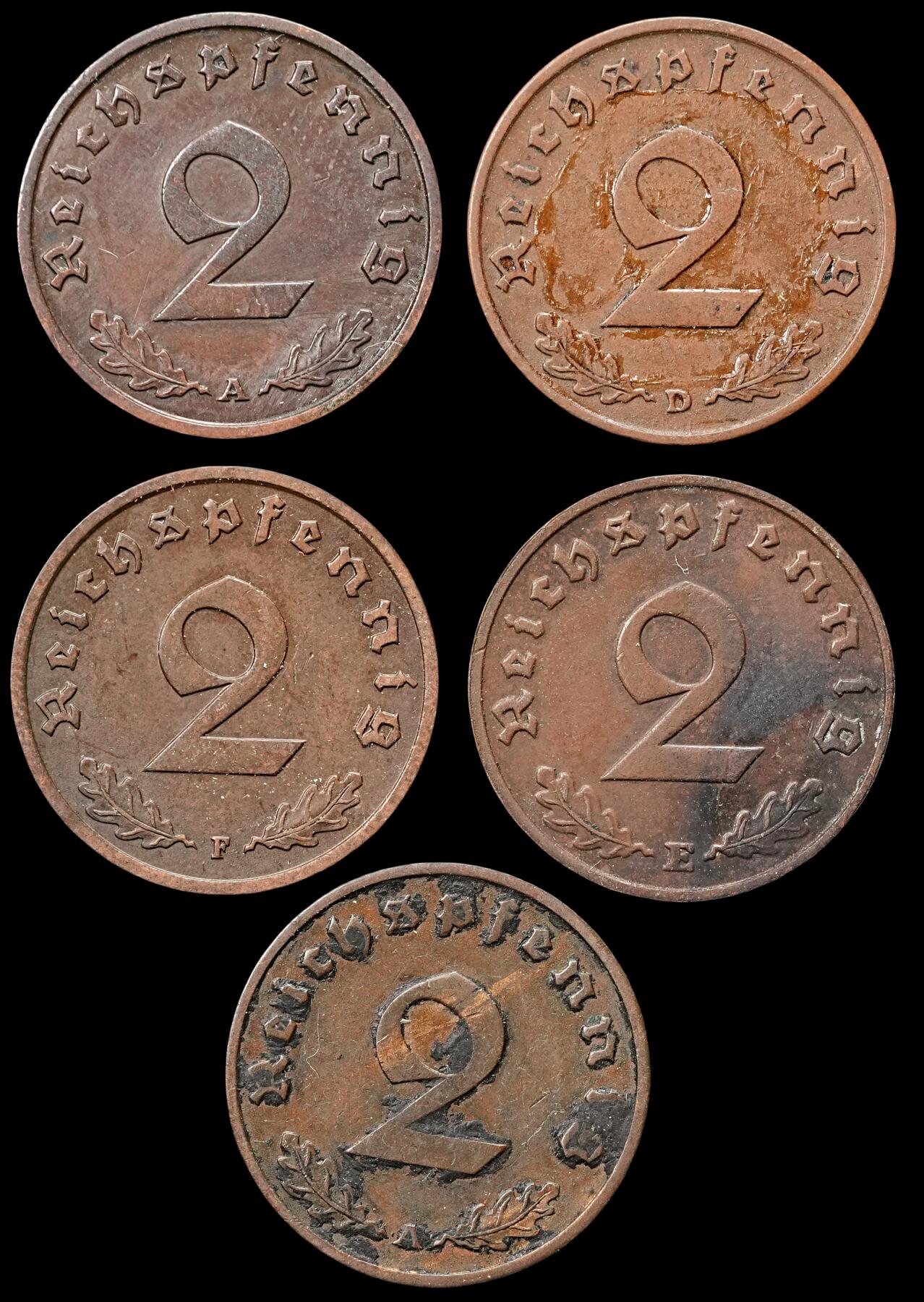修遠堂世界钱币第四十七期 全场包邮 德三2芬尼一组 含少见的1936年A厂铭