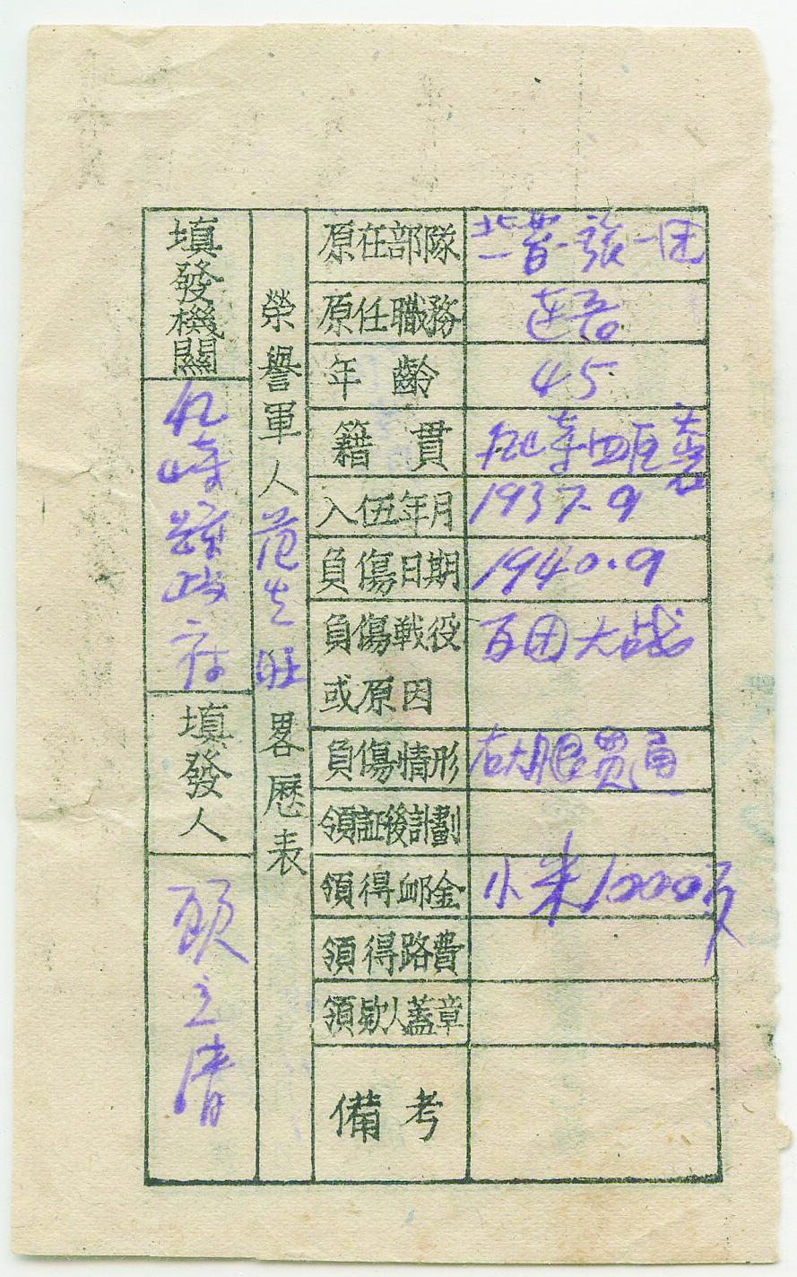 华宇2024年秋季拍卖会 民国三十五年百团大战革命军人荣誉存根一件，尺寸：7×12CM。百团大战分为3个阶段。1940年8月20日至1940年9月10日为第一阶段，中心任务是摧毁正太路交通。1940年9月22日至1940年10月上旬为第二阶段，主要任务是继续破坏日军的交通线，并摧毁日军深入抗日根据地的主要据点。1940年10月上旬到1941年1月24日为第三阶段，主要任务是反击日军的报复性“扫荡”。