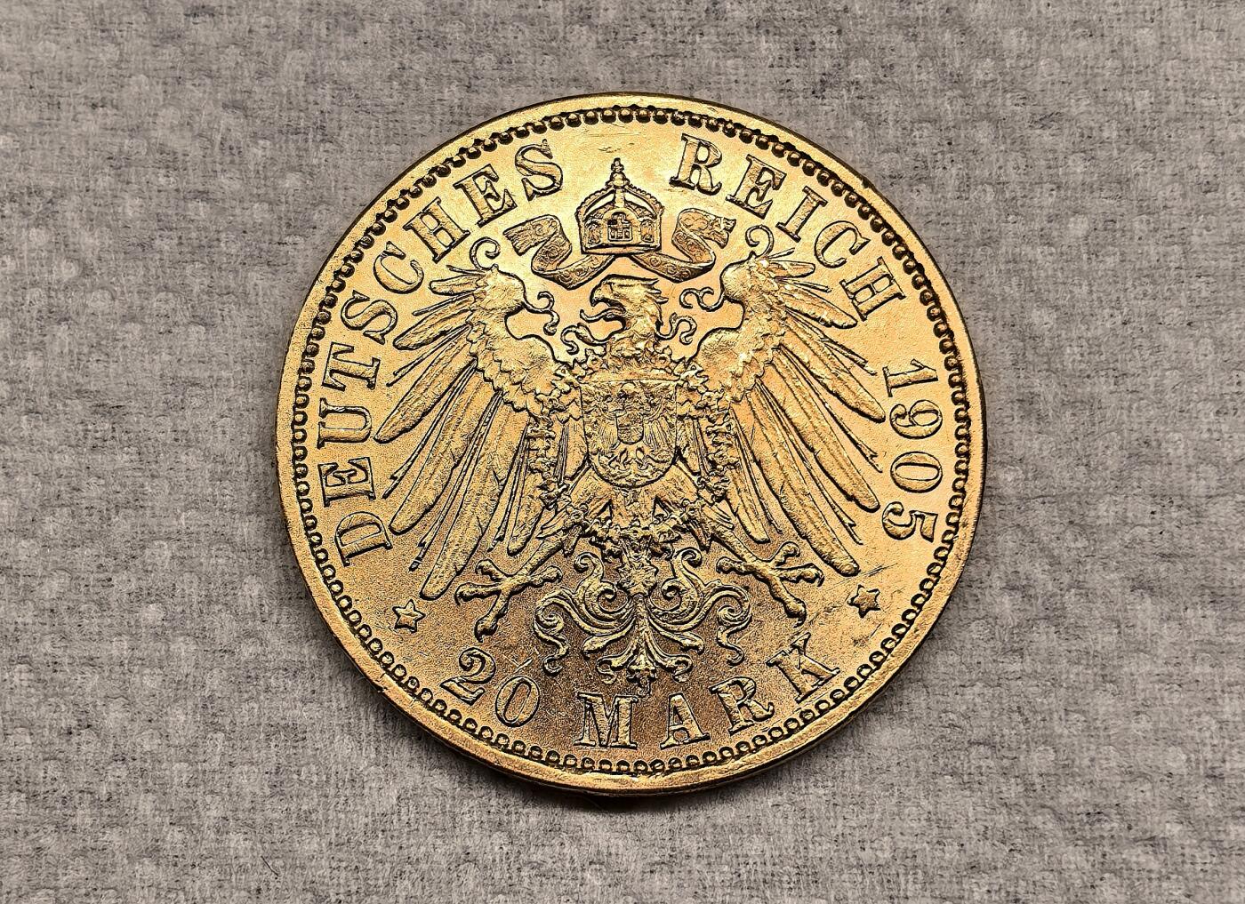凡希社世界钱币微拍第二百九十期 1905德国萨克森20马克金币AU，7.965g，900金